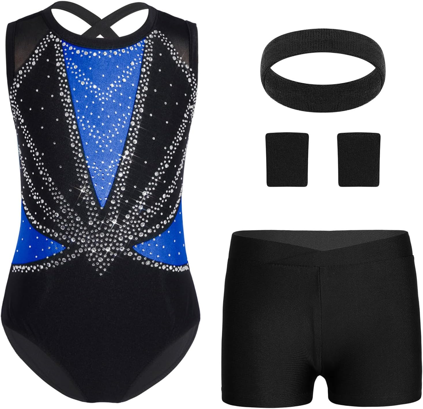 Gymnastics Leotard for Girls Rhinestone Dance Biketard Outfit Set with Shorts and Headband Wristbands