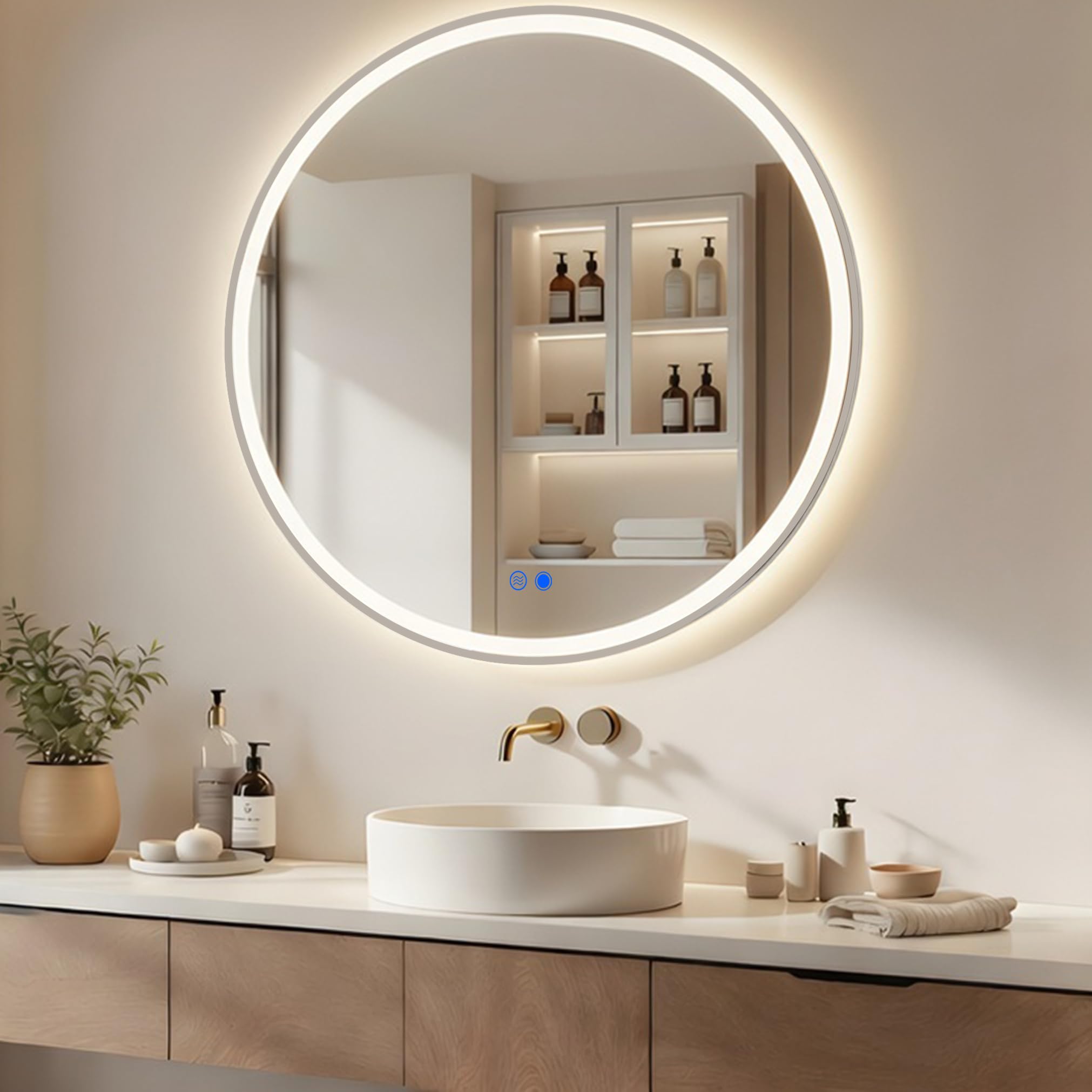 A ARTFORMA Specchio Bagno Moderno LED Rotondo 80 cm - Specchio Bagno con Luce LED | Anti-Appannamento | Comando Touch | Specchio moderno da parete - Argento Spazzolato