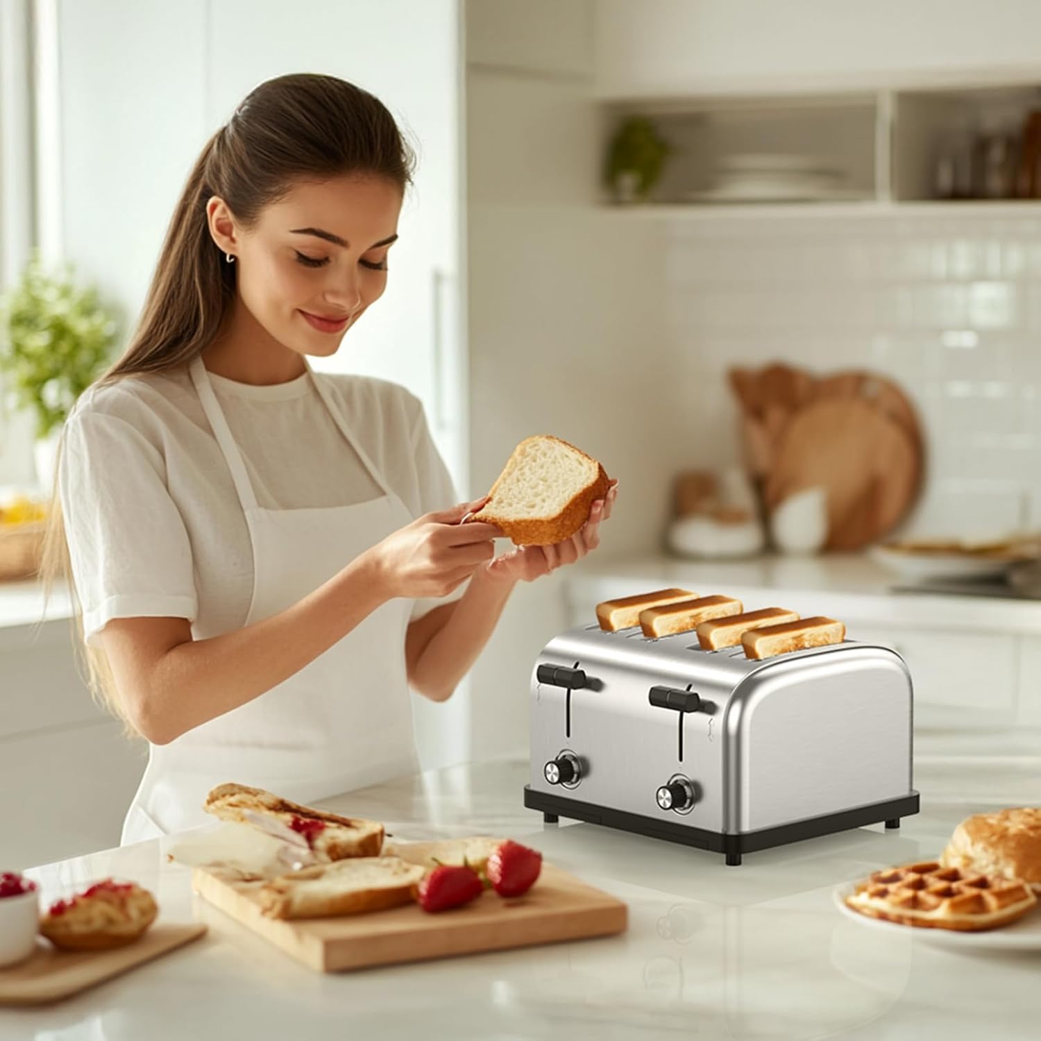 1800W Commercial Toaster 4-Slice Pop Up Wide Slot-Stainless Steel 6-Browning Settings for Bread with Removable Crumb Tray for Bagel Bread English Muffins, Waffles (Commercial & Restaurant)