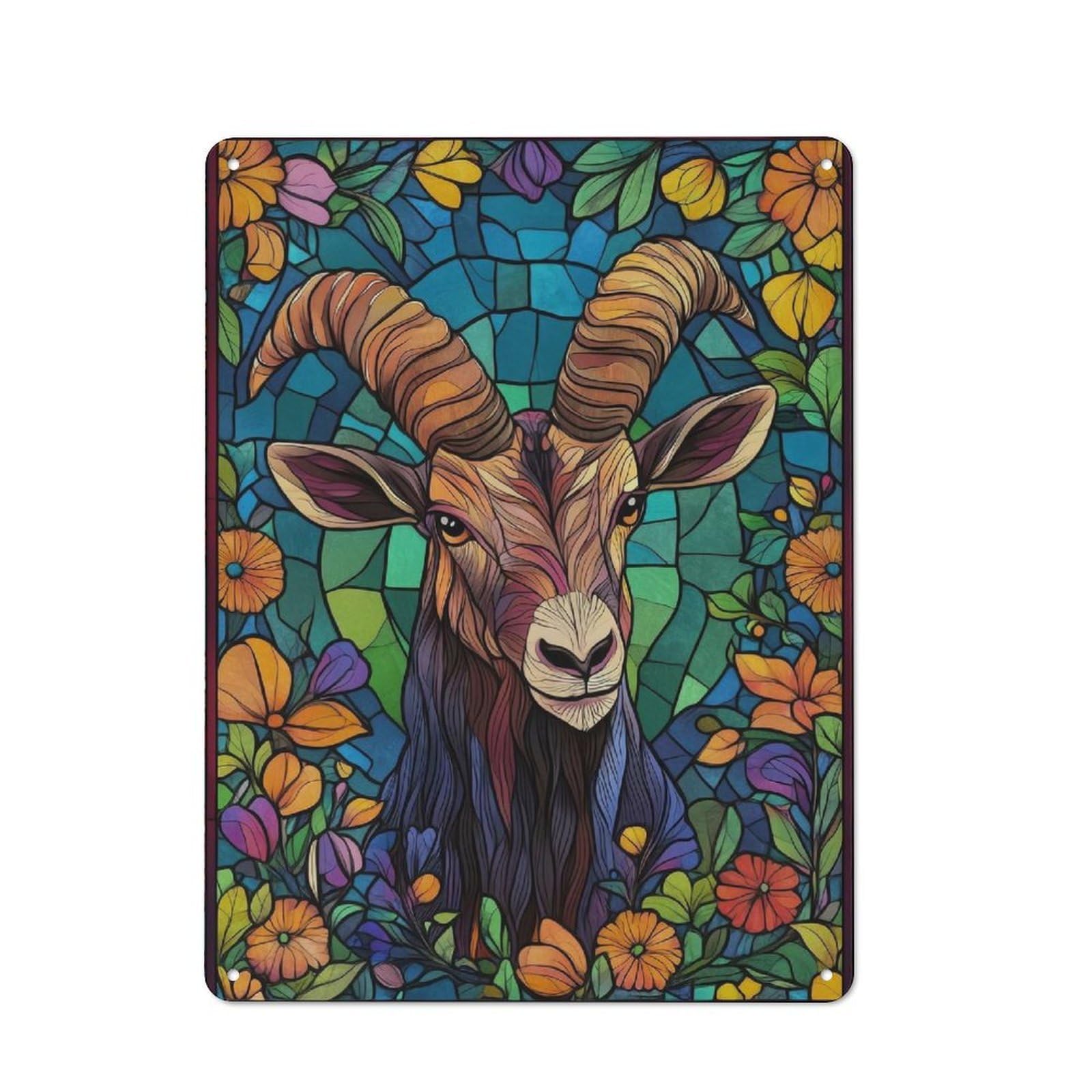 Junmoney Stained Glass Goat Metal Plaque 40X30cm With For Hallway Wall, Rustic Decor, For Garage, Workshop And Man Cave Decoration
