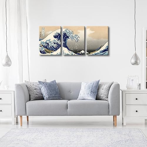 Vista 59 de Wieco Art Great Wave of Kanagawa Katsushika Hokusai 3 piezas modernas sobre lienzo estirado impresiones sobre lienzo, arte de pared para decoración
