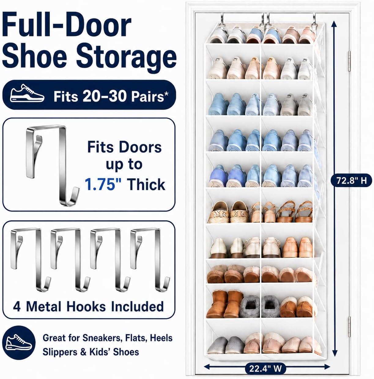 20-30 Pairs Over the Door Shoe Organizer Clear Deep Pockets Hanging Shoe Rack for Closet Door Shoes Storage Holder 10-Tier Fit All the Family's Sneakers, Heels, Boots