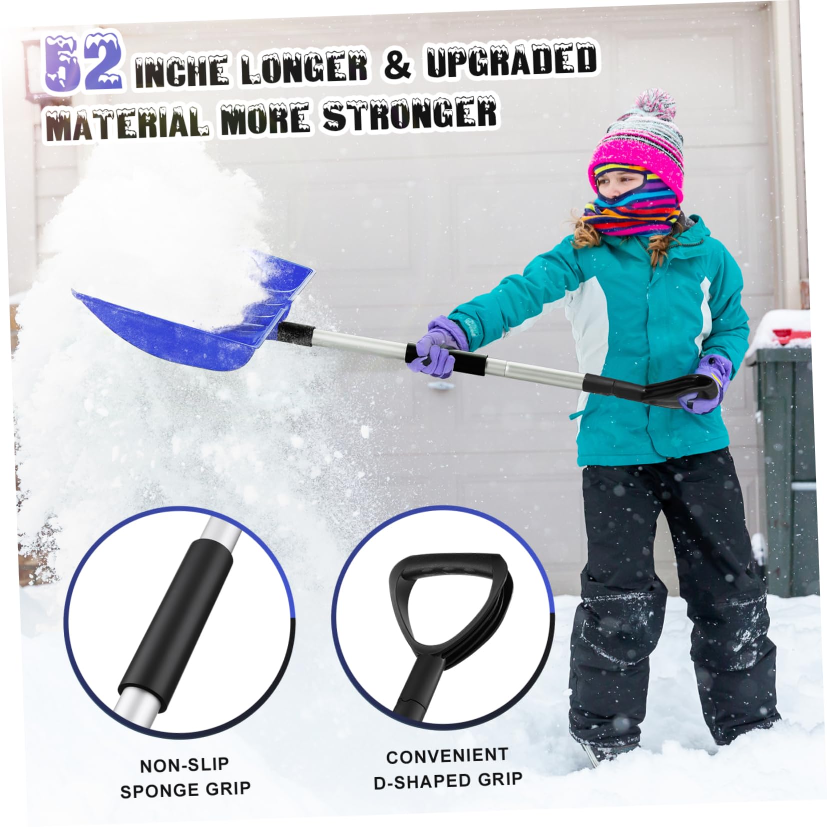 Pala de Nieve Grande de PP y Aleación de Aluminio con Mango Ajustable | Azul, Empuñadura en D Antideslizante, Diseño Ergonómico de Gran Capacidad, para Jardín y Carretera