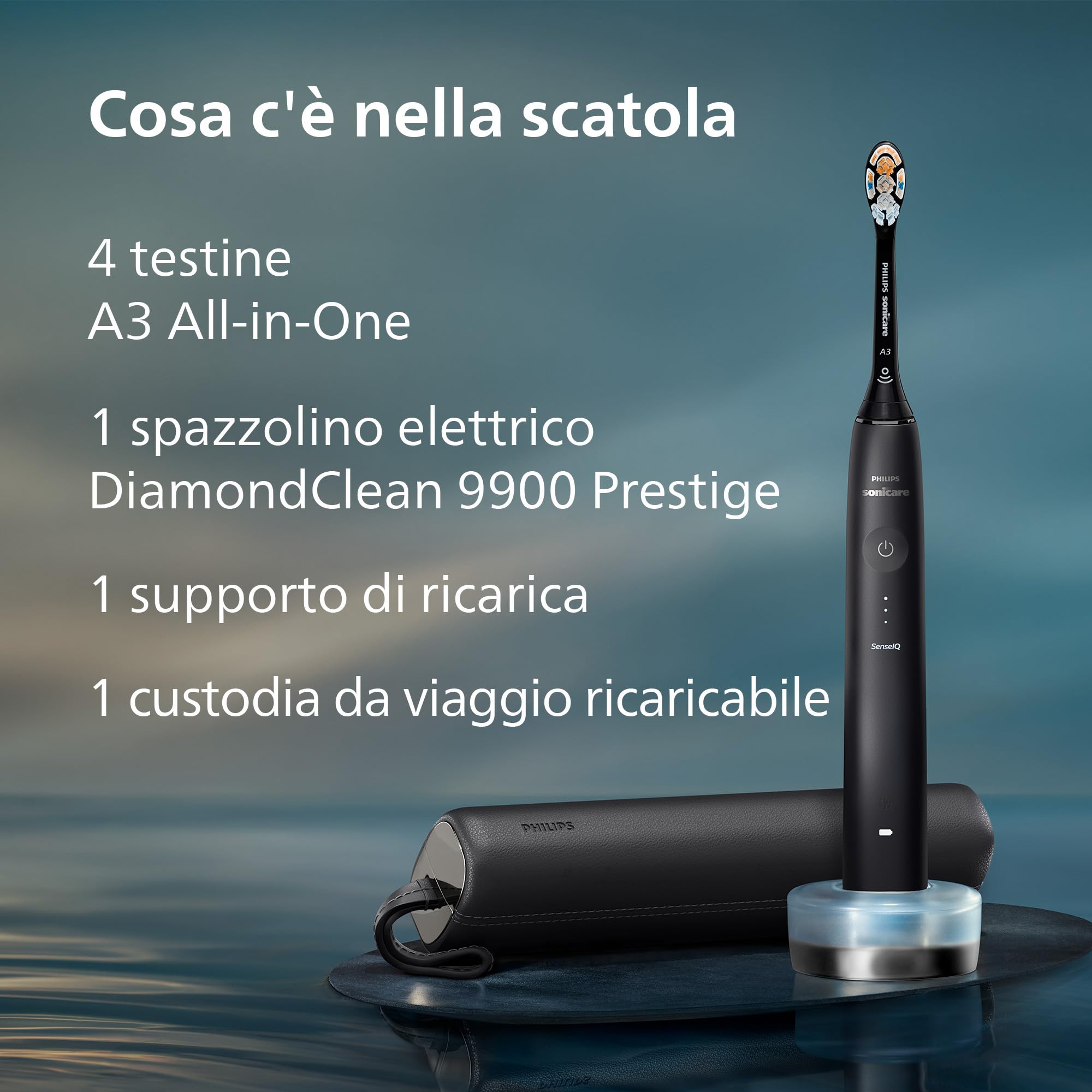 Philips Sonicare DiamondClean 9900 Prestige- Spazzolino elettrico con tecnologia SenseIQ e app, 5 modalità di pulizia, 3 livelli di intensità, custodia da viaggio per la ricarica, nero, HX9992/43