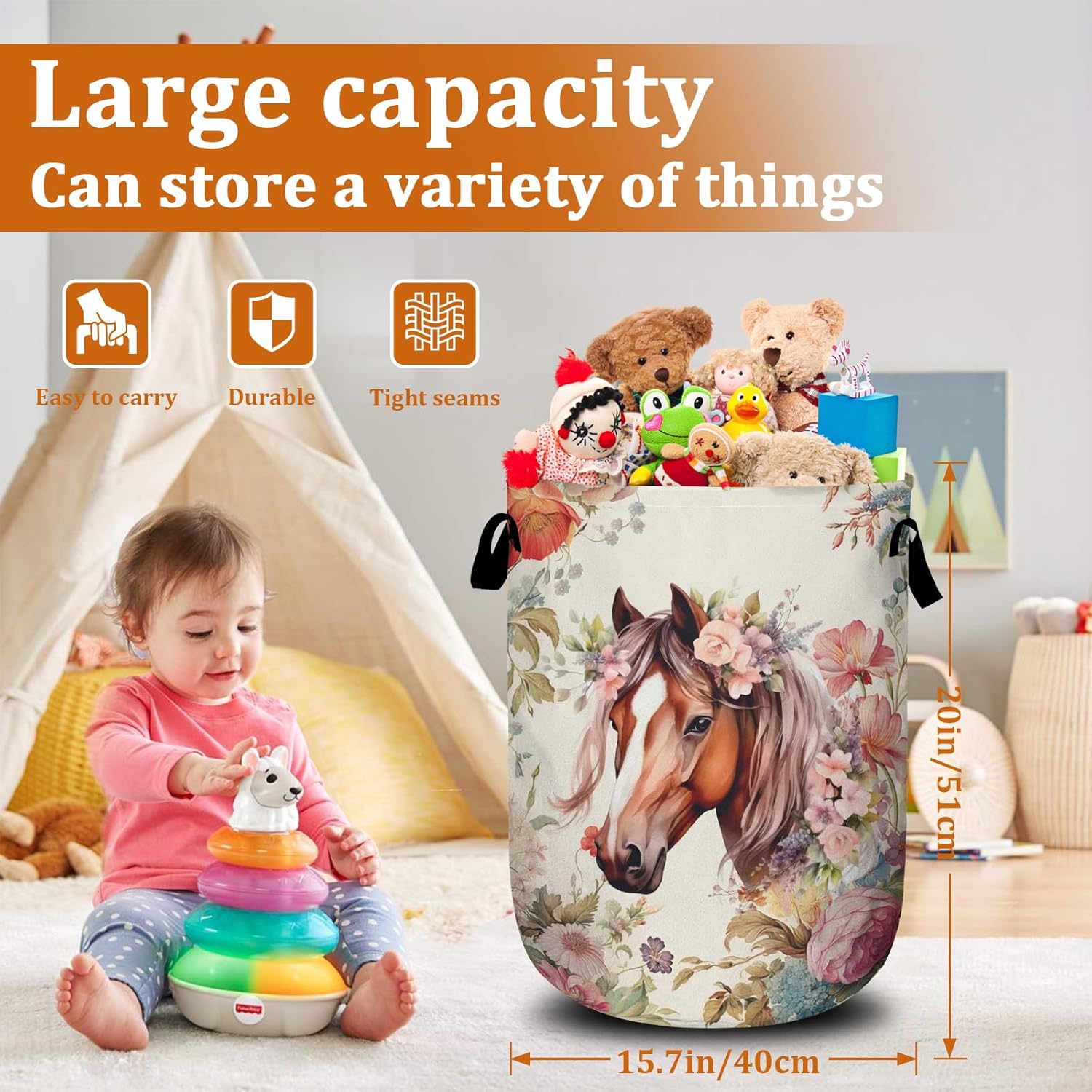 Pink Flower Horse Laundry Basket with Sturdy Handles, Floral Animal Collapsible Oxford Cloth Laundry Hamper Organizer Basket for Bathroom Bedroom 15.7x20 Inch