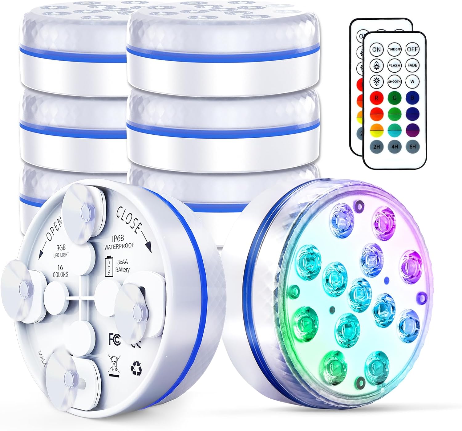 submersible led pool lights for above ground pools ip68 waterproof inground pond light underwater with 4 magnets, 4 suction cups and 16 rgb dynamic color (8pack)