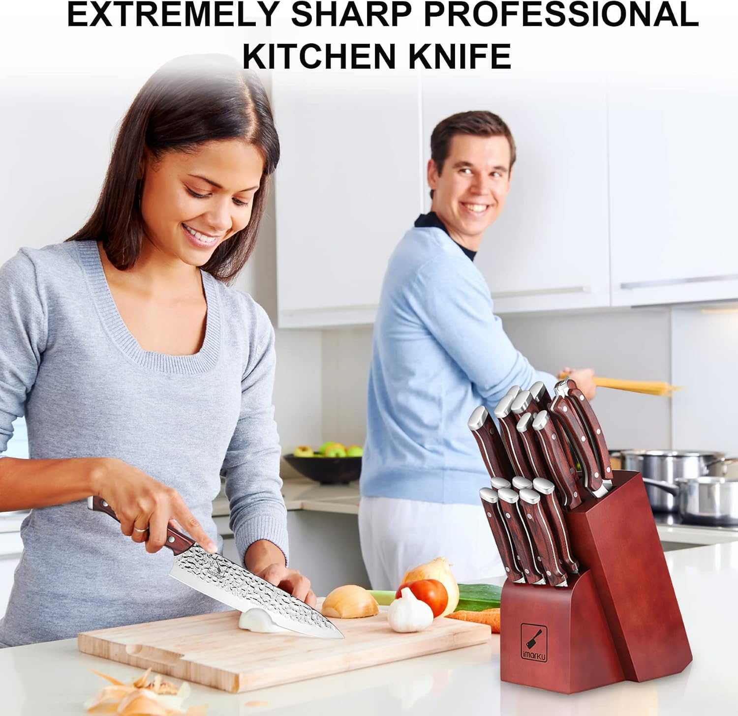 Buу 1 gеt 1 Kitchen Knife Set,imarku 16-Piece Knife Set With Block,Professional German Stainless Steel Knife Set with 6 steak knives and Knife Sharpener,Unique Hammered Design