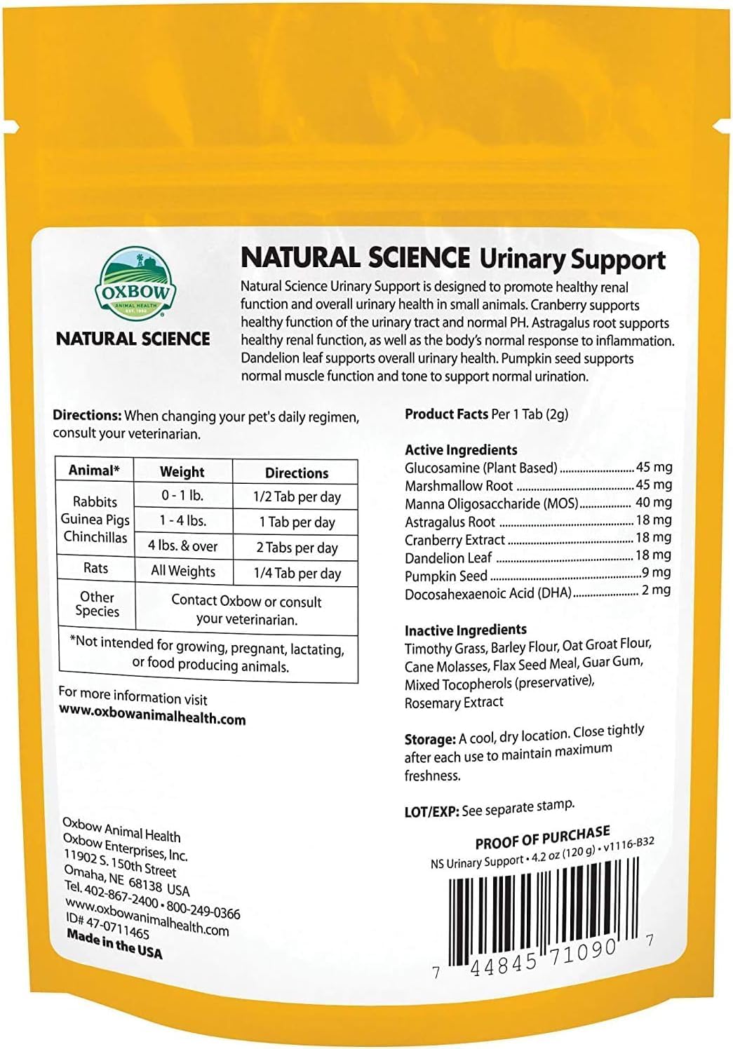 Oxbow Natural Science Urinary Support Supplement for Small Pets with High-Fiber Timothy Hay for Rabbits, Guinea Pigs & Chinchillas, 4.2oz (3 Pack)