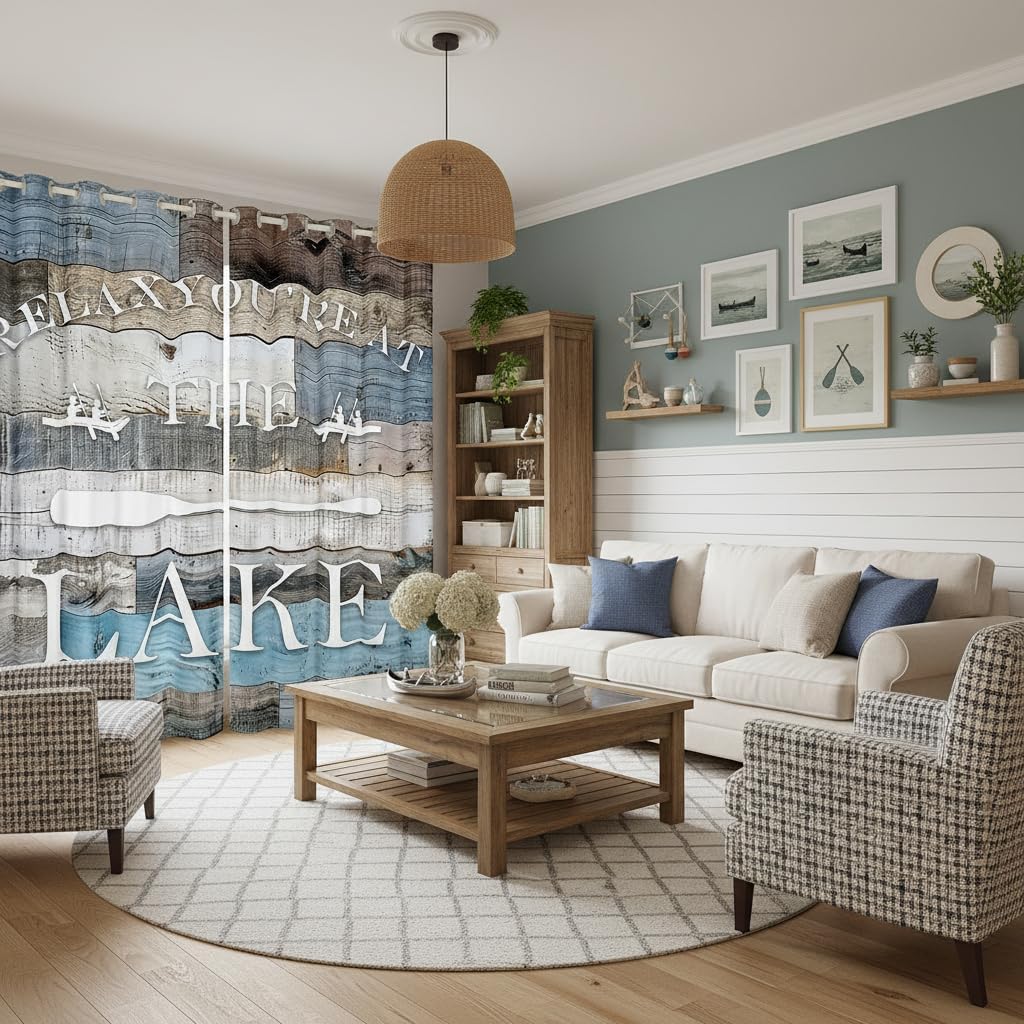 Lake House Window Curtain Rustic Farmhouse Curtains Blue Grey Retro Wooden Window Treatment Curtain for Kids Adults Men Teens Bedroom Decor,Lake Life White Cabin Window Drapes,Top 2 Panel,52Wx63L