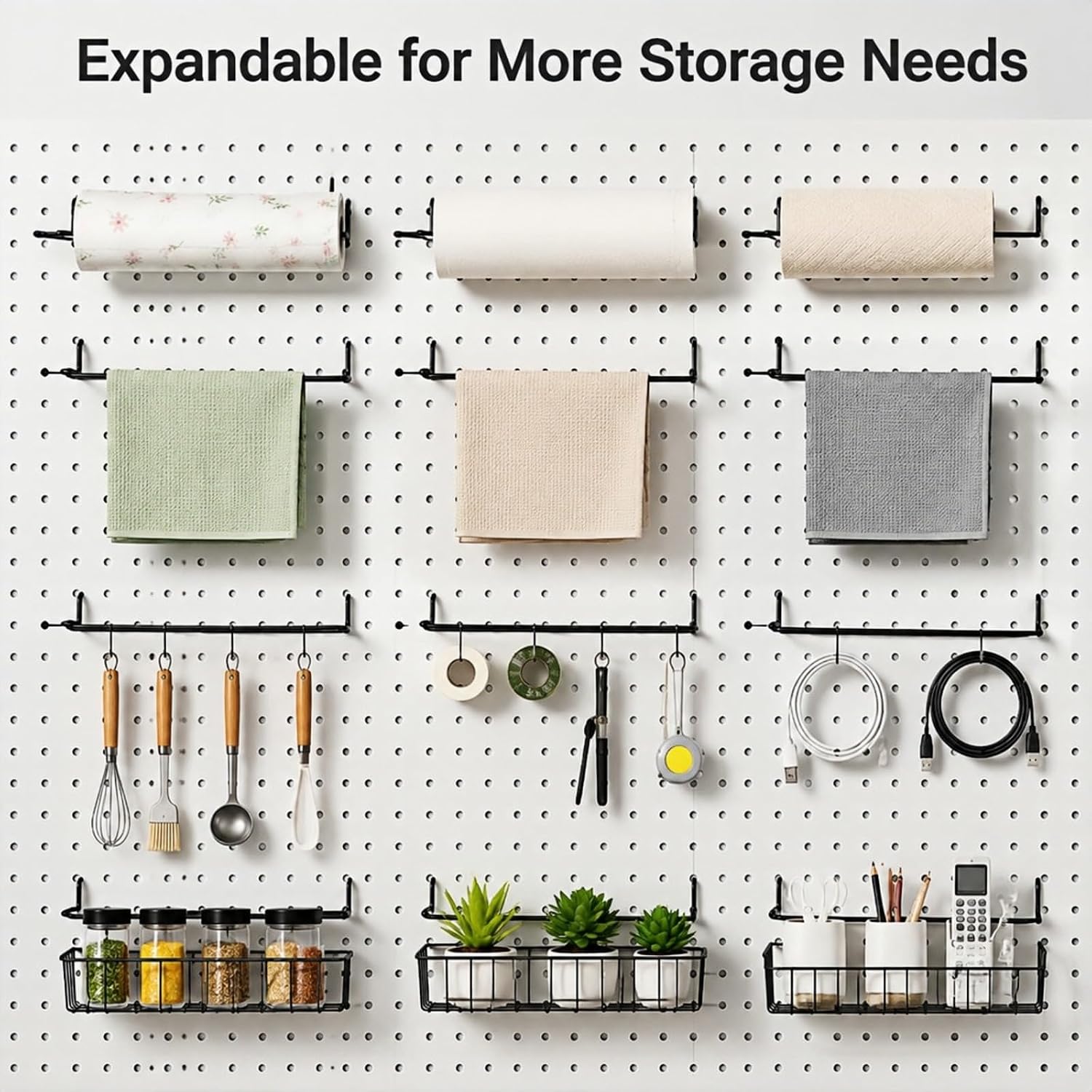 Pegboard Paper Towel Holder, 2 Pack Expandable Pegboard Hooks for 1/8" & 1/4" Metal Pegboard, Heavy Duty Black Steel Pegboard Organizer for Kitchen Garage Workshop Bathroom Laundry Room image 4