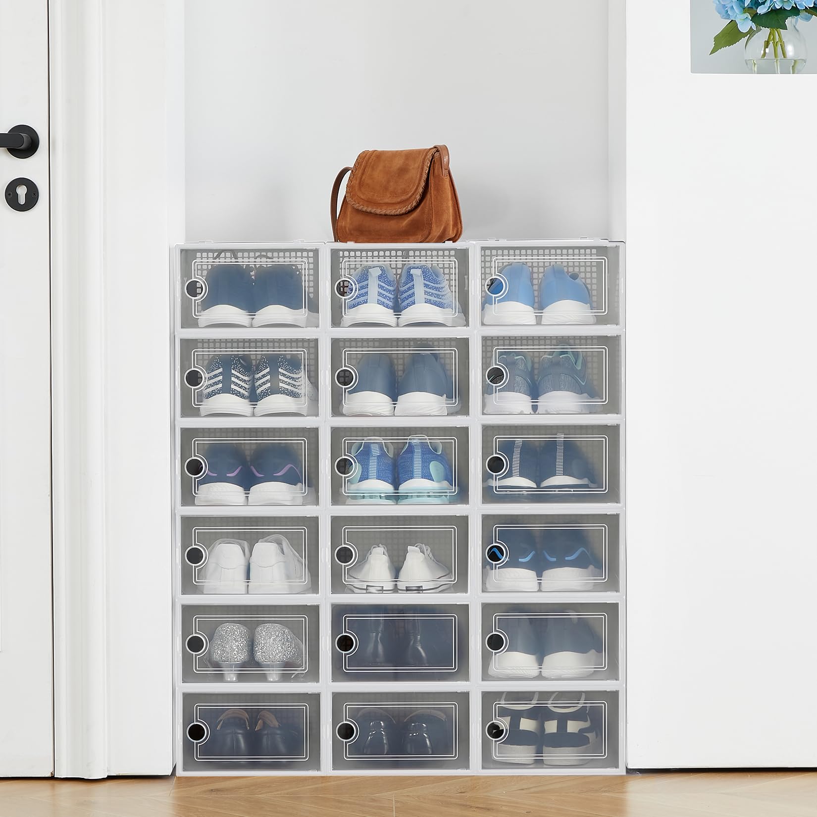 Aptliton Shoe Boxes, Pack of 18 Shoe Storage Organizers, Stackable Clear Plastic Shoe Containers for Closet & Entryway, Sneakers Daily Footwear, 13.19 x 10.24 x 6.5 Inches, White