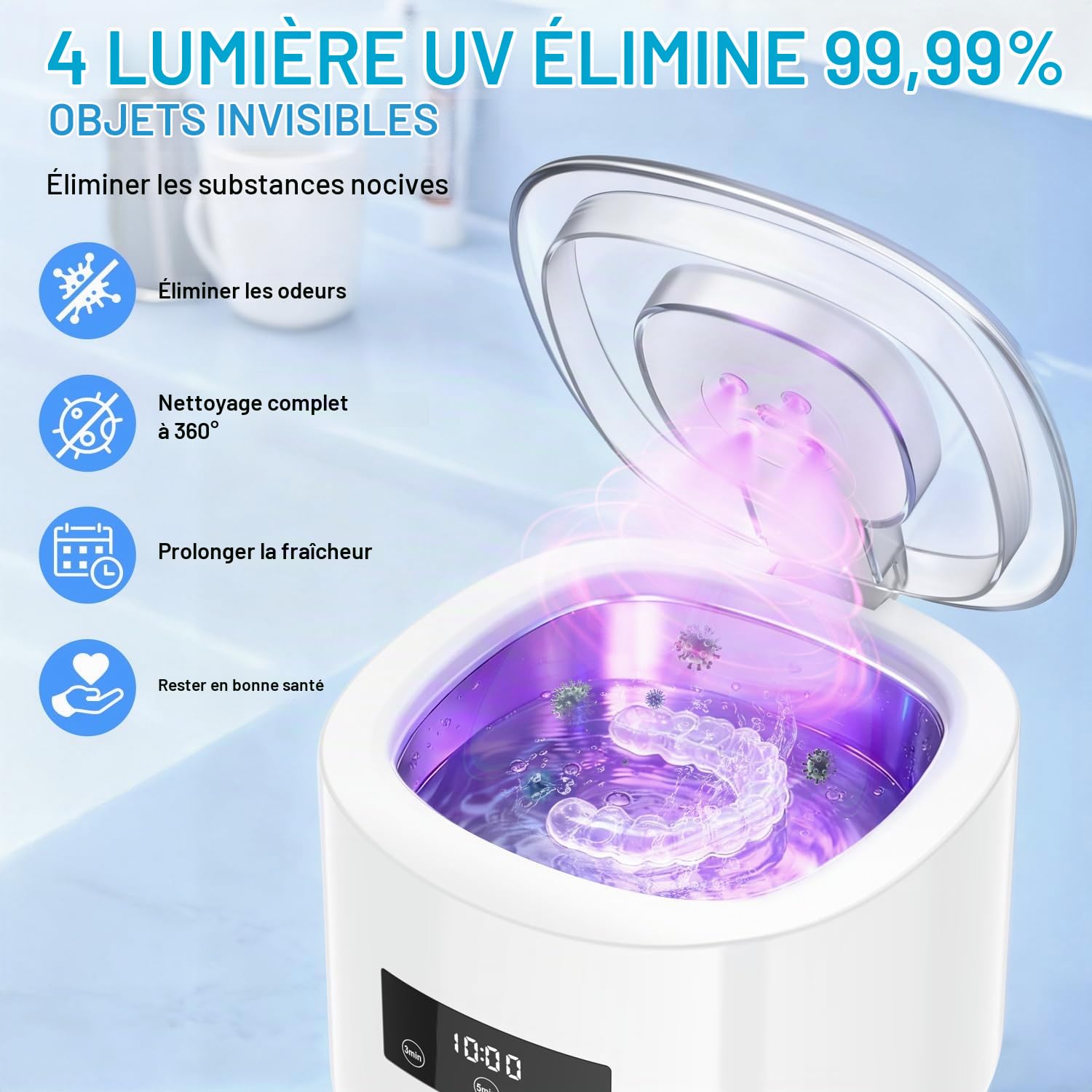 Nettoyeur Ultrasons 50kHz, Ultrasonic Cleaner Rechargeable 2000mAh avec 4 Lampe UV, 230ML Cuve pour Prothèses Dentaires, Brosse à Dents, Aligneurs, Retainers, Prothèses, Bijoux -Blanc