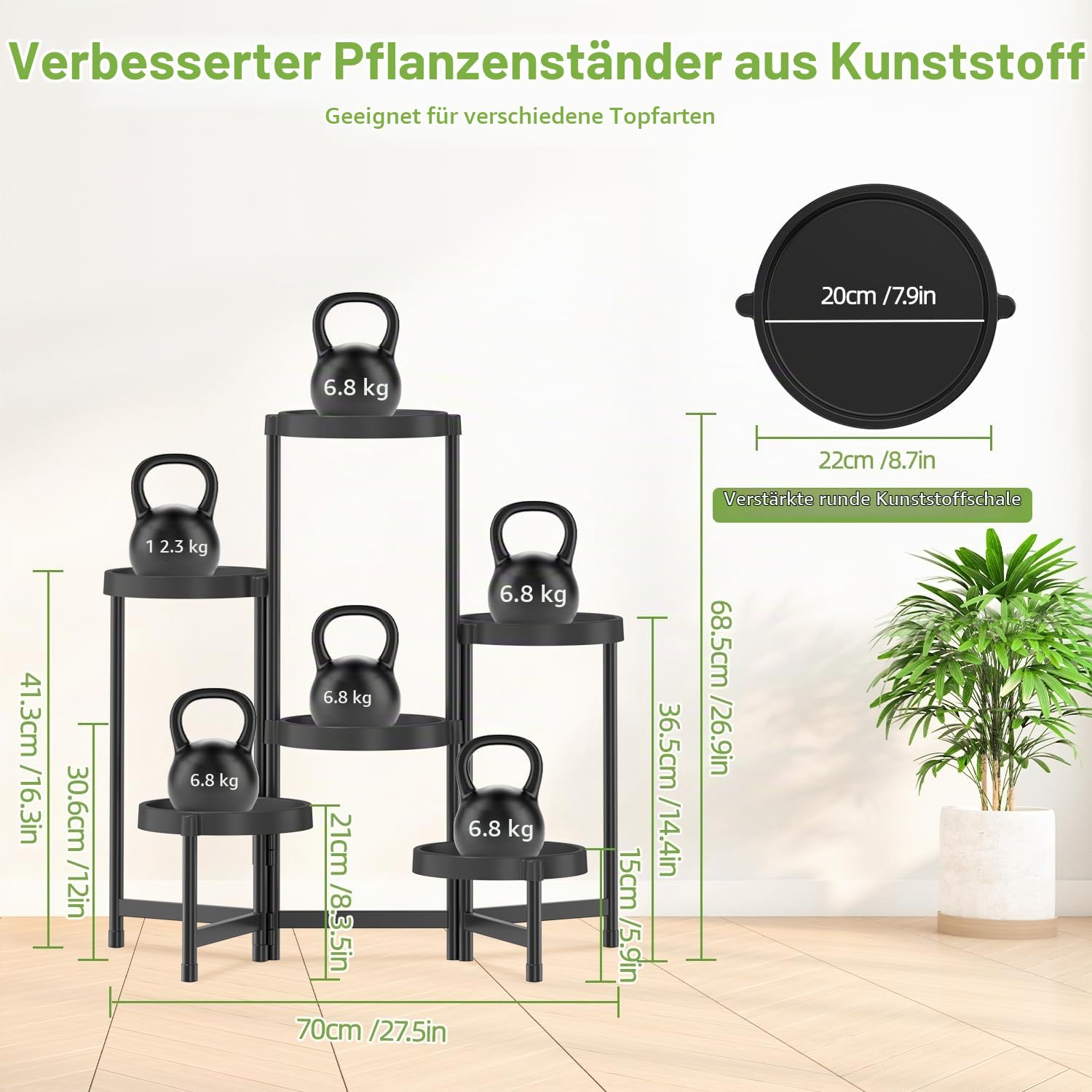 iDavosic.ly Pflanzenständer Plant Stand Metall/Kunststoff, 6 Ebenen Schwarz | Mehrstöckiges Pflanzenregal Blumenständer Blumenregal für Indoor Outdoor Wohnzimmer Balkon Terrasse Garten Hof