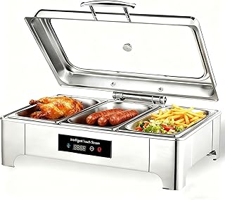 Chafing Dish Elektrisch, 9L Edelstahl Warmhaltebehälter Essen Buffet Elektrisch mit Sichtbarem Glasdeckel, Kommerziell Speisewärmer Buffetwärmer Elektrisch, Touchscreen-Temperaturregelung (GN1/3)