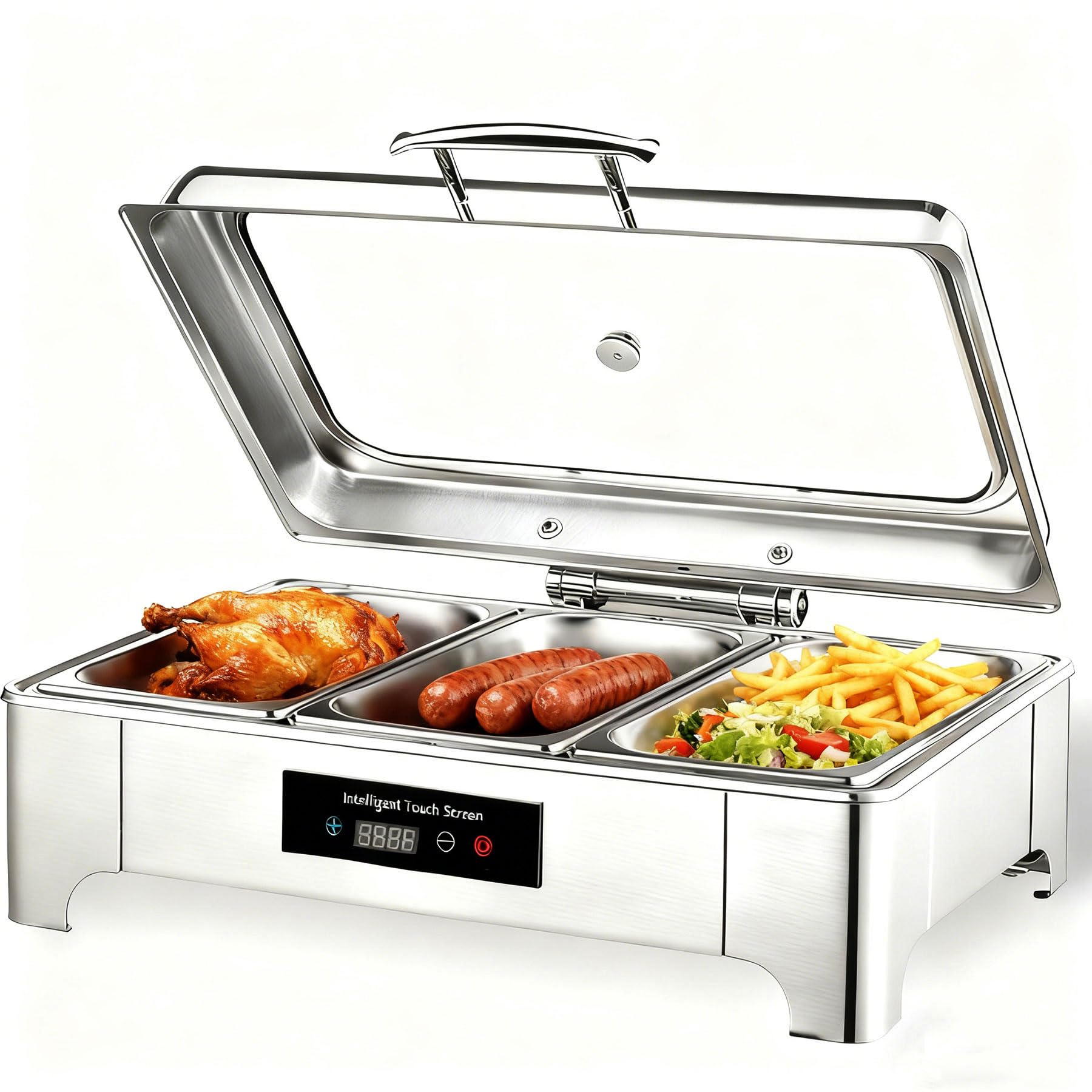 Chafing Dish Elektrisch, 9L Edelstahl Warmhaltebehälter Essen Buffet | Kommerziell Speisewärmer Buffetwärmer Elektrisch mit Sichtbarem Glasdeckel und Touchscreen-Temperaturregelung