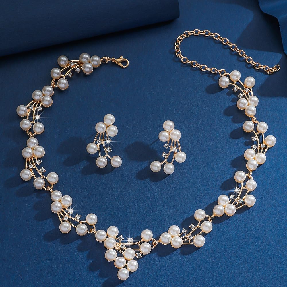 Pearl Beads Gold Necklace with Earrings for Women Wedding Bridal Vintage Jewelry Set - Image 4