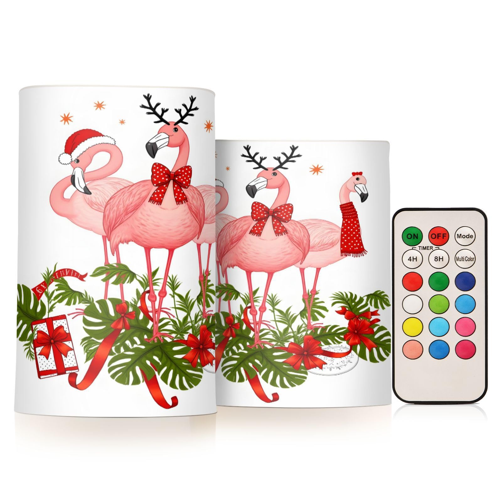 ALAZA Pink Flamingo Merry Christmas Happy New Year Flickering Flameless Candles Battery Operated with Remote Timer,Tea Light Candles LED Pillar Votive Candles Set of 2 for Outdoor Indoor Decorations