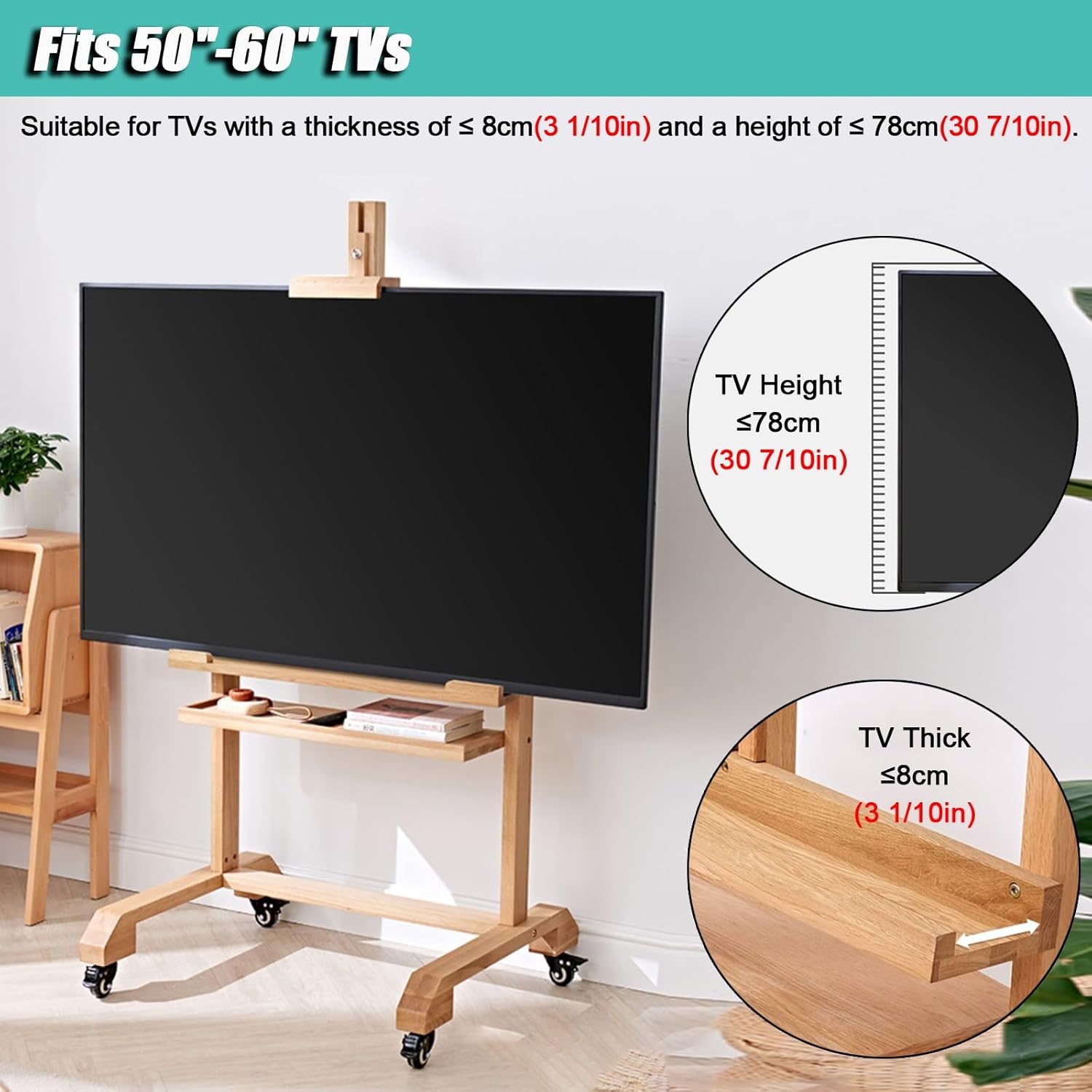 Rolling TV Stand Adjustable, Wood Mobile TV Cart Monitor Hanger - Portable Picture Board Display Rack with Storage Shelf, for Meeting Room/Office/Studio,Walnut Color 75.5x62x150cm