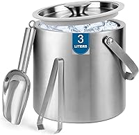 Berverra 3L Portable Double-Wall Stainless Steel Ice Bucket with Lid, Scoop, Tongs & Handle - Keeps Ice Frozen Longer for Parties, Camping, Bars