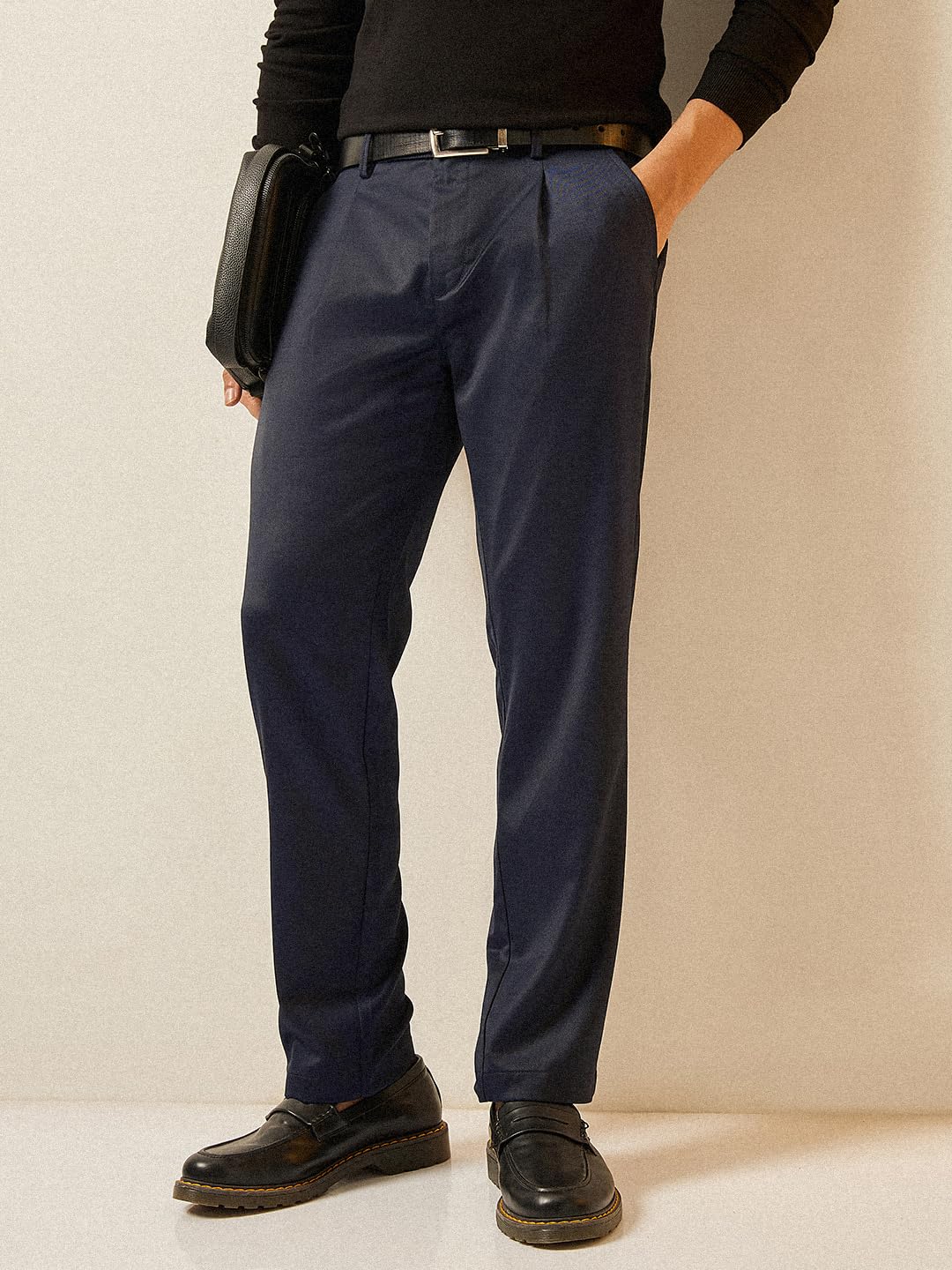 THE BEAR HOUSE Men's Blue Solid Regular Fit Formal Trouser