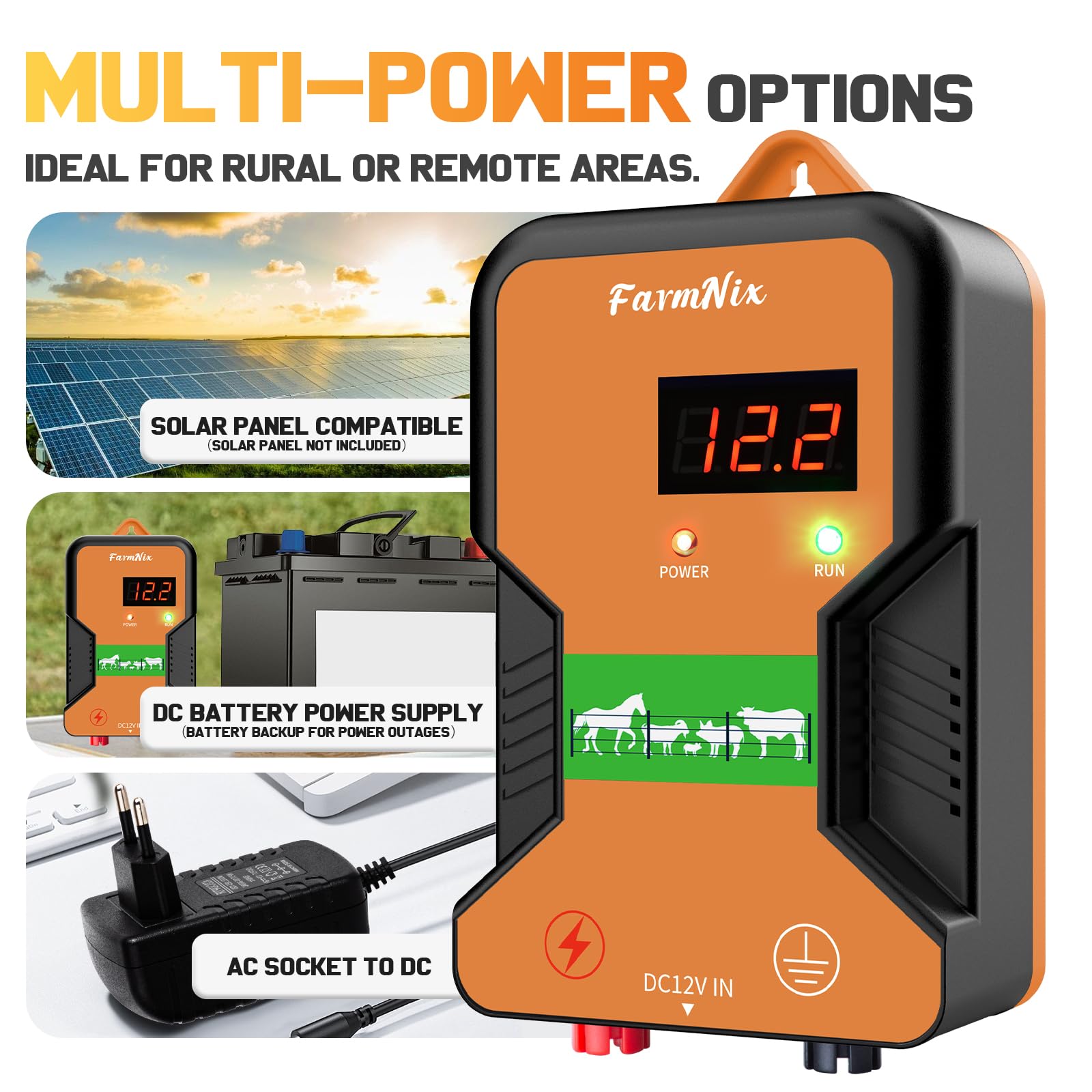Pastor eléctrico de 15KM, controlador de cerca eléctrica 2J / 12KV | fuente de alimentación enchufable para prevención de vida silvestre, granjas, aves de corral y jardines