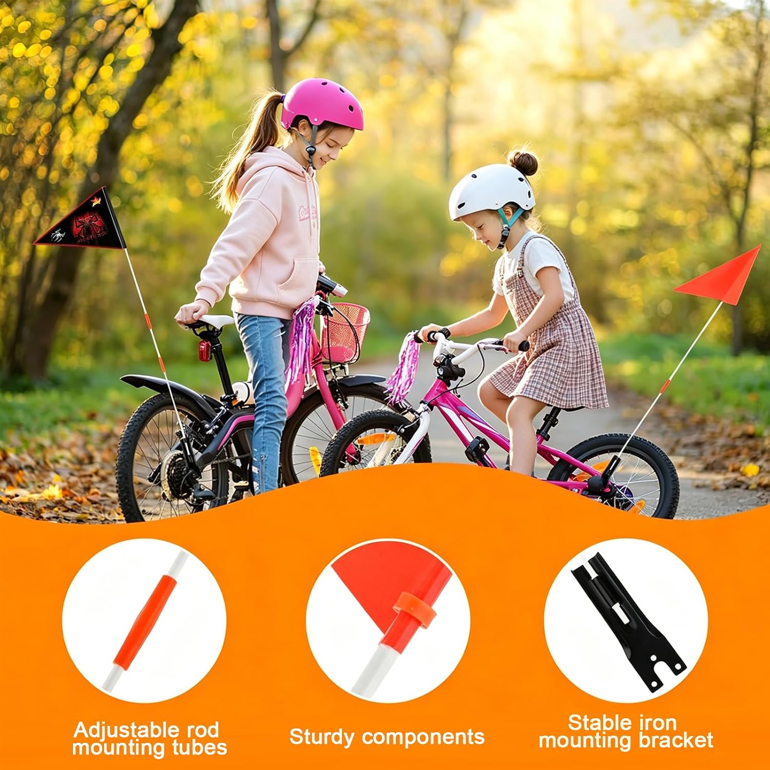 2 Pcs Bike Flag with Pole 6 Ft Bicycle Safety Flag with Adjustable Height Heavy Duty Fiberglass Pole Tear-Resistant Waterproof Orange Safety Flag Spider Dinosaur Pirate Fags for Kids (Back(Pirate))