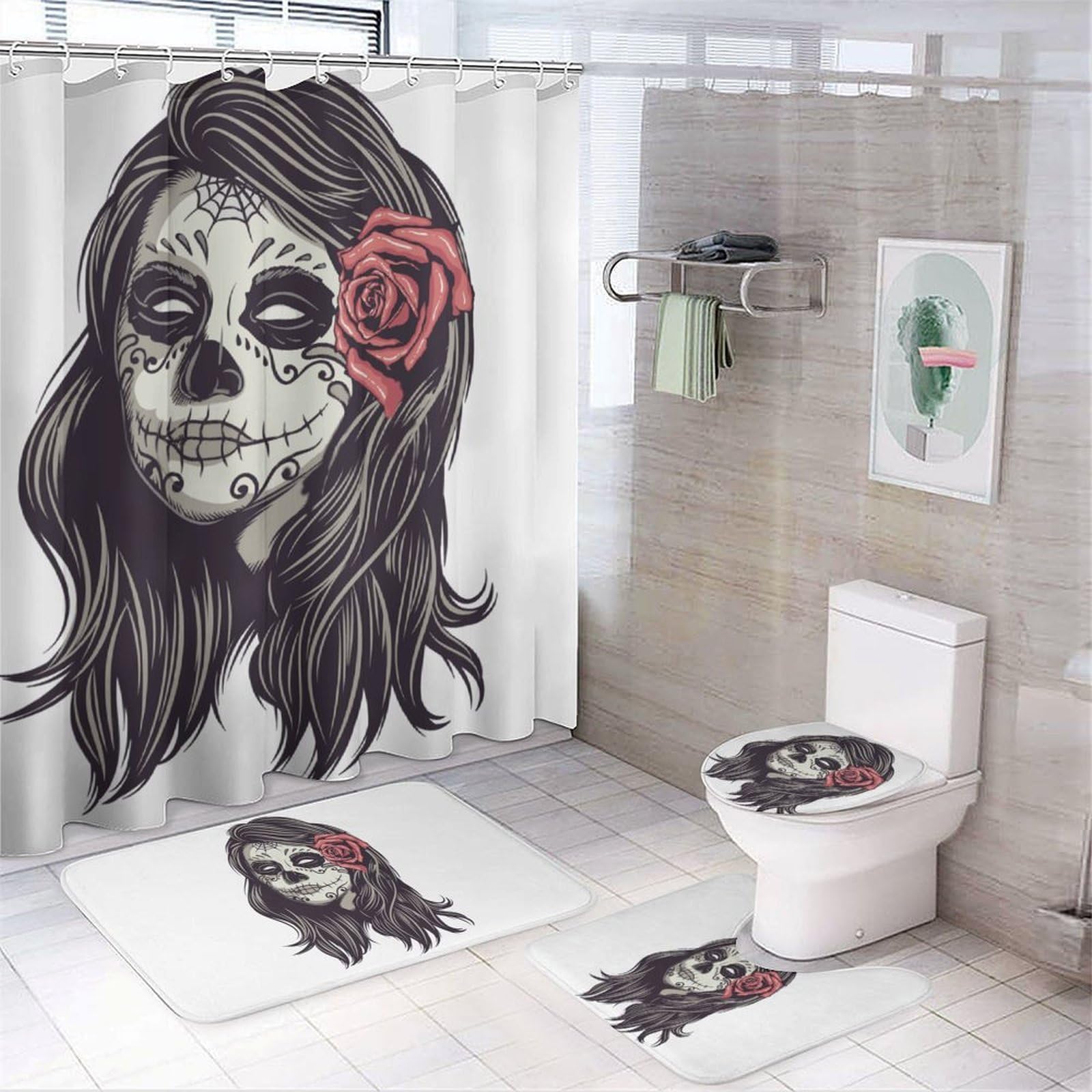 JZemdybill Bathroom Mat Set 4 Piece, Skull Princess Shower Curtain with Non-Slip Bath Mats for Bathroom