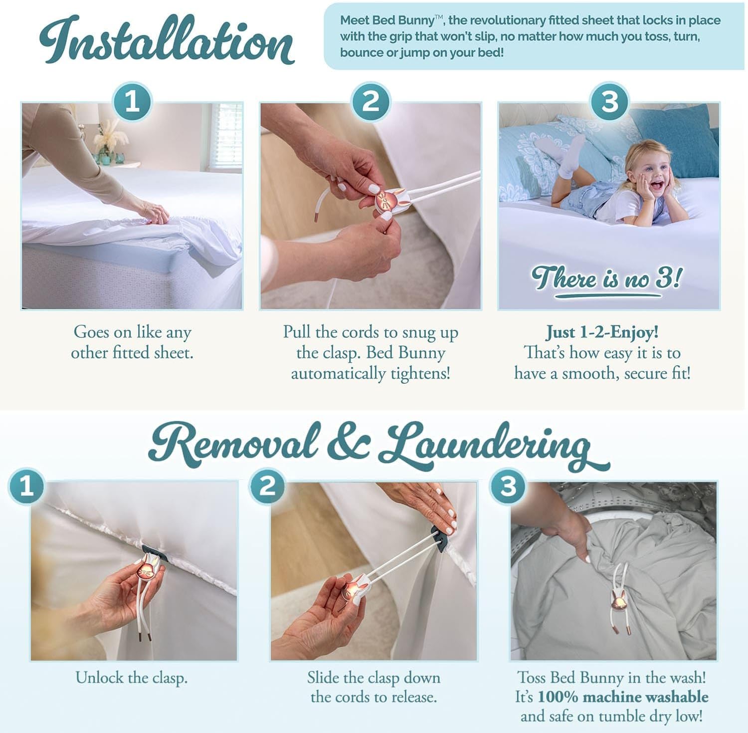 Bed Bunny Queen Locking Fitted Bed Sheet Set (4 Pcs), Stays On & Won’t Slip Off, Built-in StayFit Compression System Hugs Mattresses, AS SEEN ON TV Wrinkle & Stain Resistant CopperSoft™ Fabric (Cream