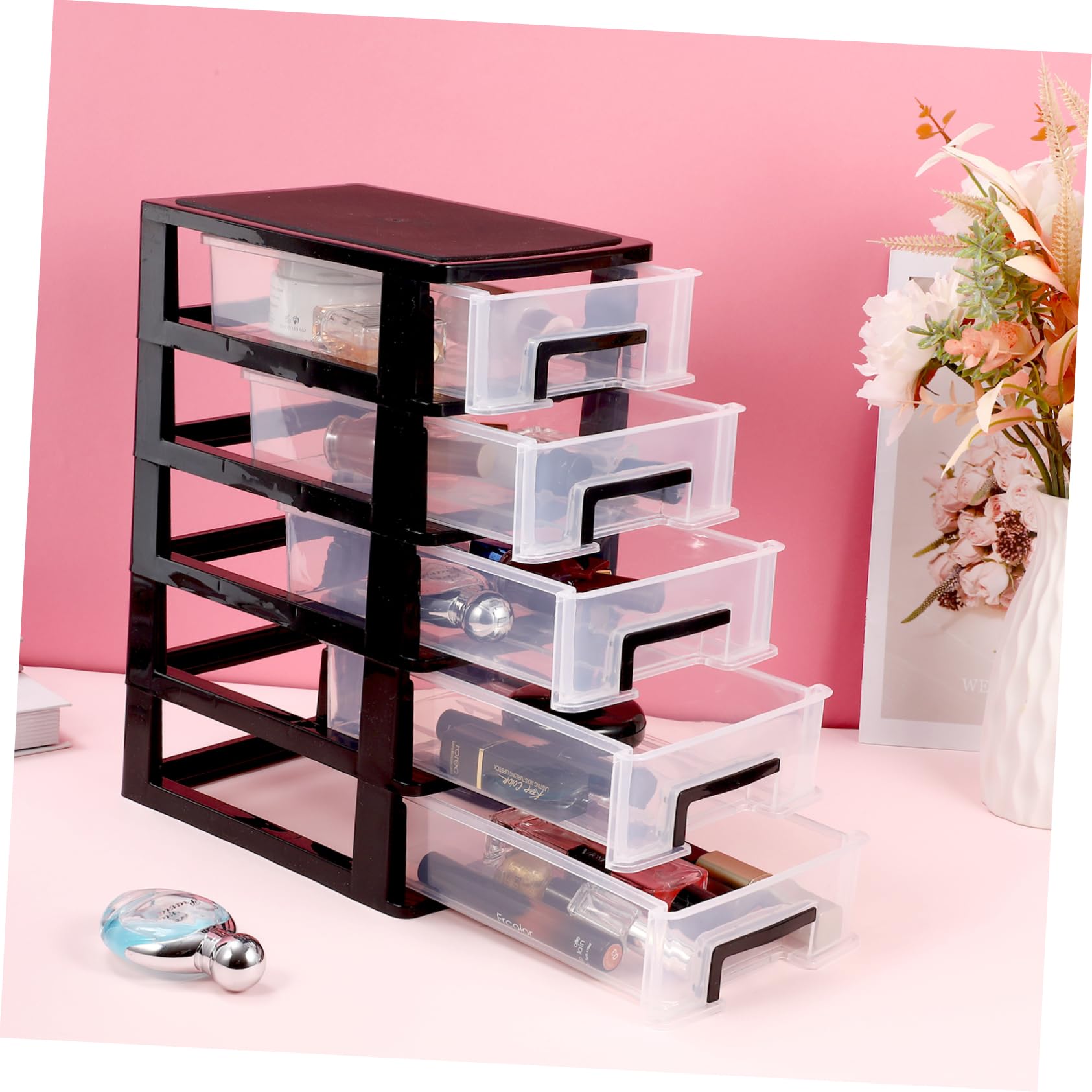 ULTECHNOVO Cassettiera da Scrivania e Design Pratico in Plastica 5 Cassetti Trasparenti Organizer per Cosmetici e Make-up Grande Capacità per Ufficio e Desktop