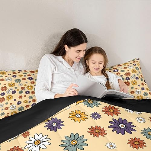 Miniatura 5 de Juego de ropa de cama floral tamaño individual, juego de edredón de flores coloridas para niñas y niños, edredón retro de dibujos animados de flores