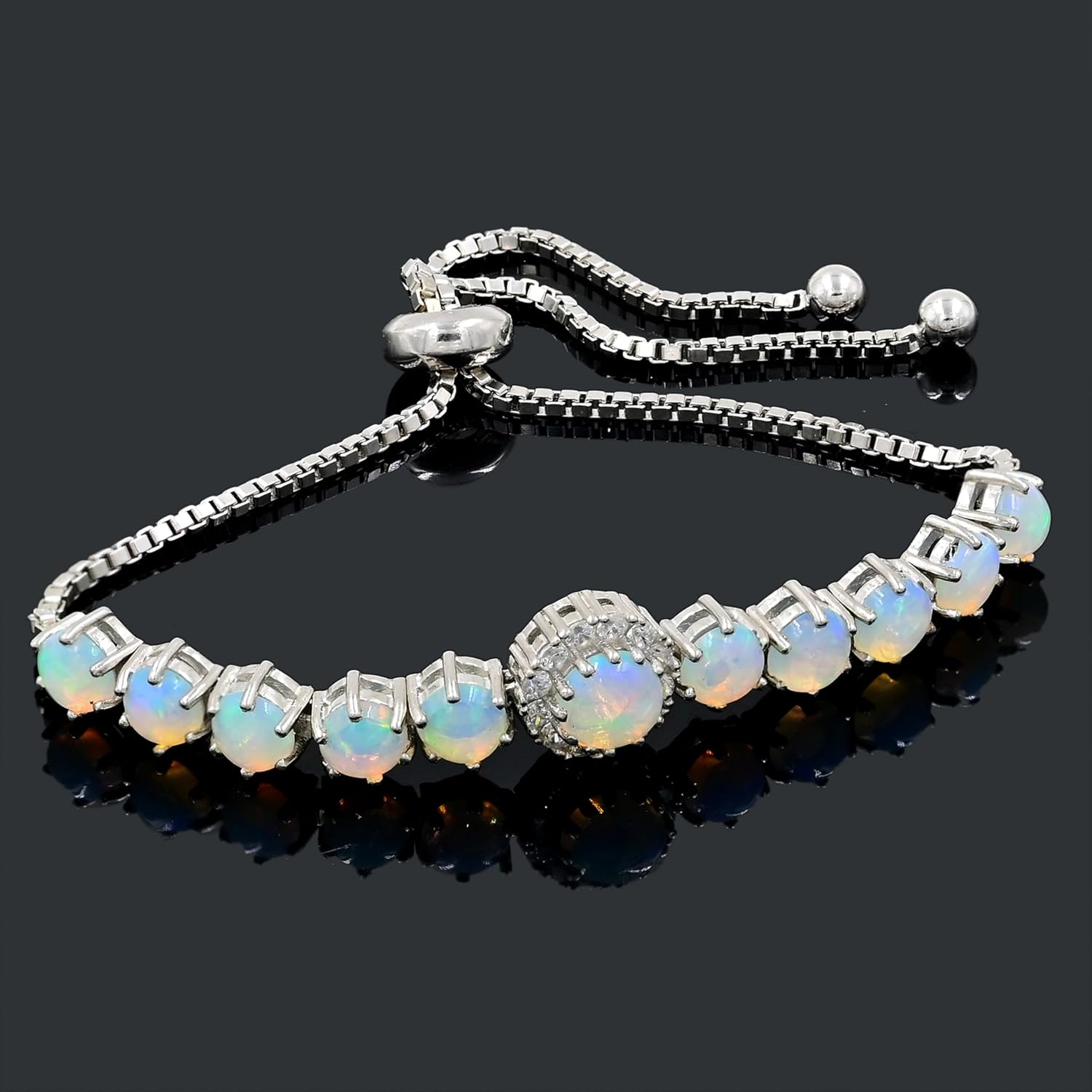 Natural Ethiopian Fire Opal Adjustable Bolo Bracelet for Women in 925 Sterling Silver | 6mm Center & 5mm Side Cabochon Gemstones with | Handmade October Birthstone Jewelry | Gift for Her - Image 2