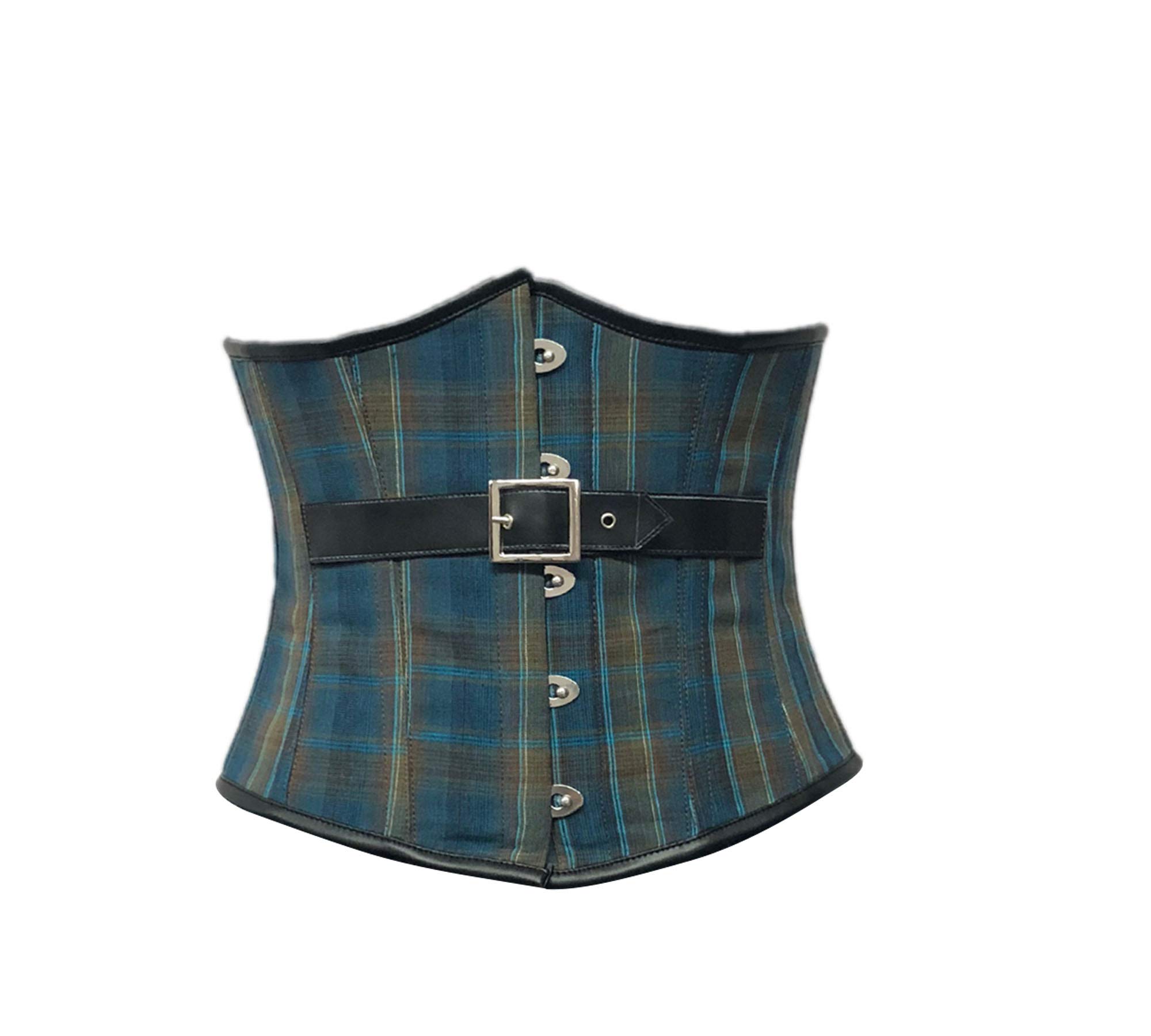 Blue Printed Corset with Leather Belt Goth Costume Underbust Waist Cincher