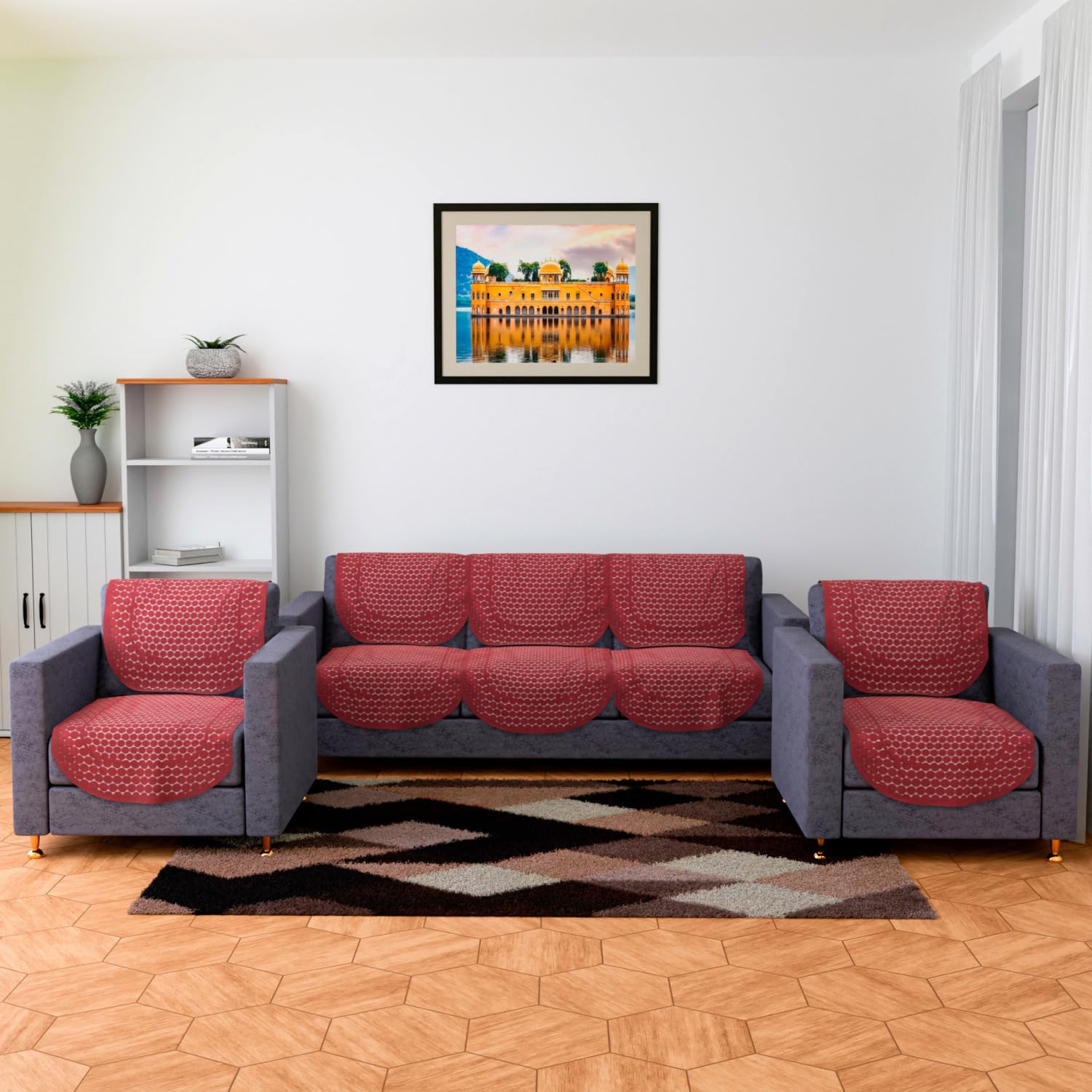 Kuber Industries Sofa Cover | Cotton 5-Seater Sofa Slipcover Set | Sofa Cover for Living Room | Brown Star Patta Sofa Cover Set | Dot Sofa Cover Set | Maroon