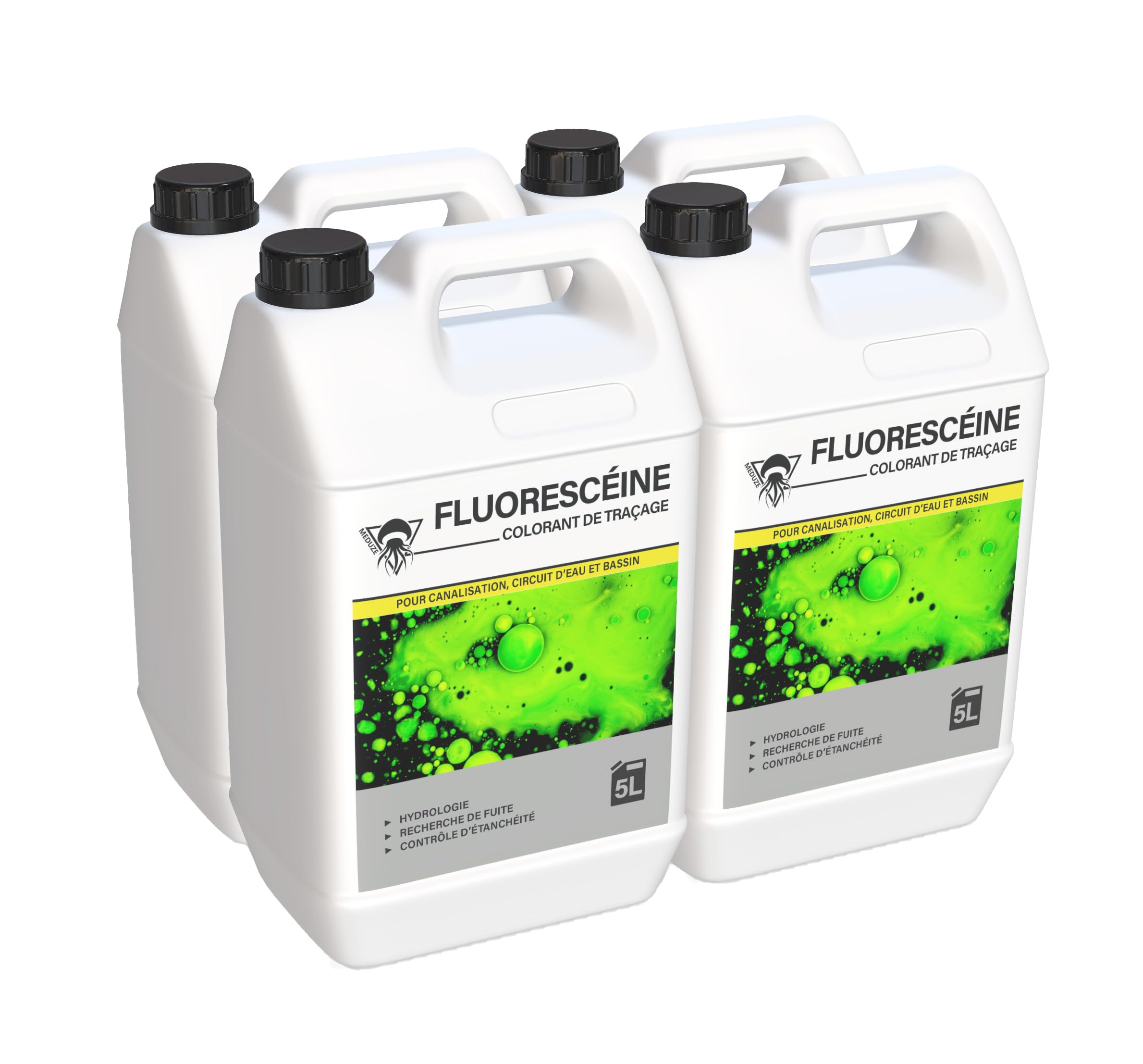 Méduze - 4 x 5 litres de fluorescéine prête à l'emploi - Colorant de traçage - Polyvalent - Grande visibilité