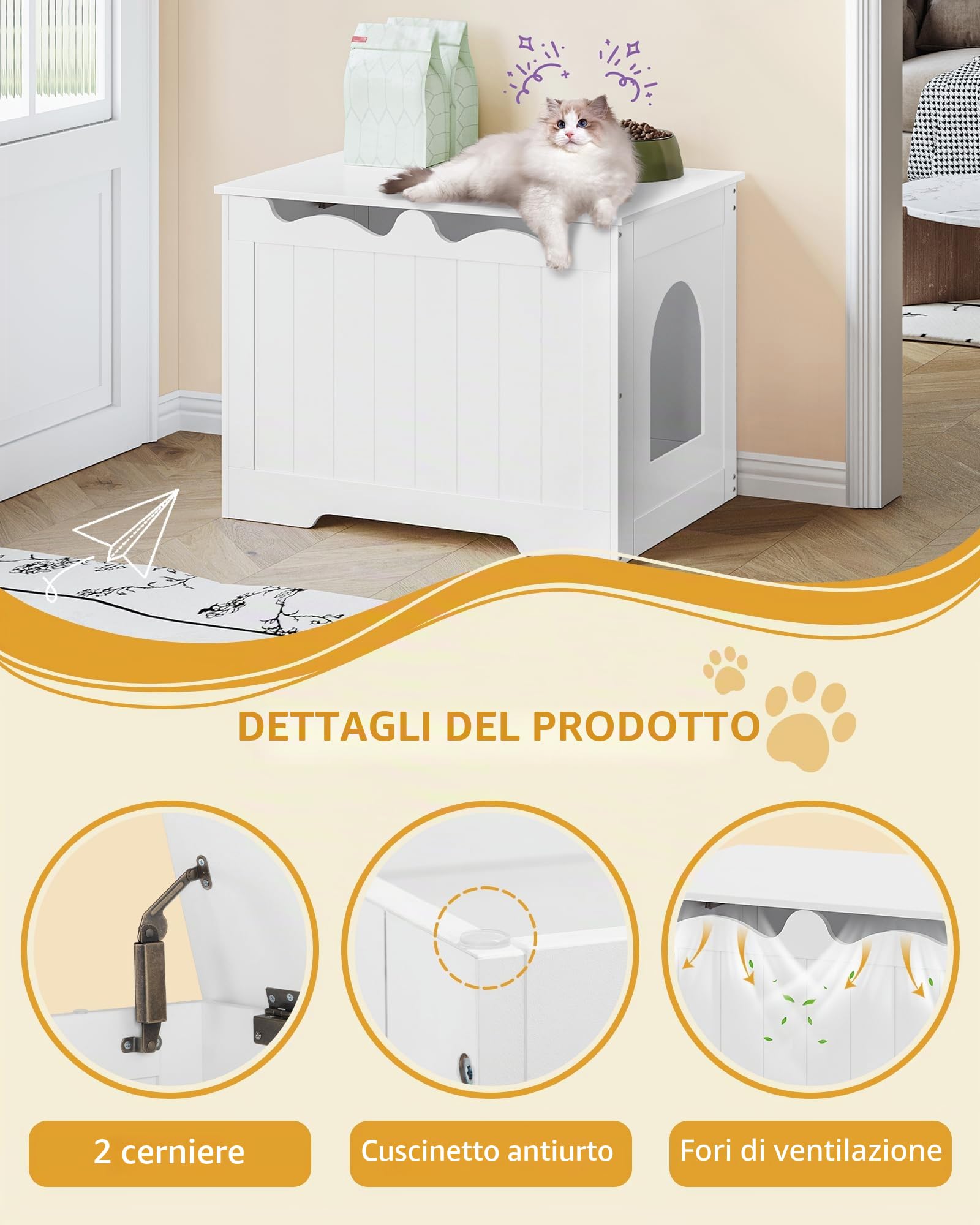 Hzuaneri Mobile Lettiera per Gatti, 70 cm Bianco Mobiletto per Lettiera | 70 x 50 x 53 cm Armadietto per Gatti, Con Apertura Superiore e Nascosta, Cuccia per Gatto da Interno, Contenitore, CB84803X