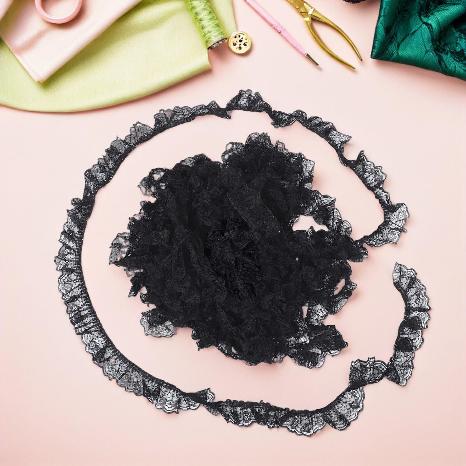 Healvian Ribete de Encaje Plisado y en Poliéster de 6 Cm Negro Ojales Bordados Adecuado para Vintage para Costura y Manualidades de Boda