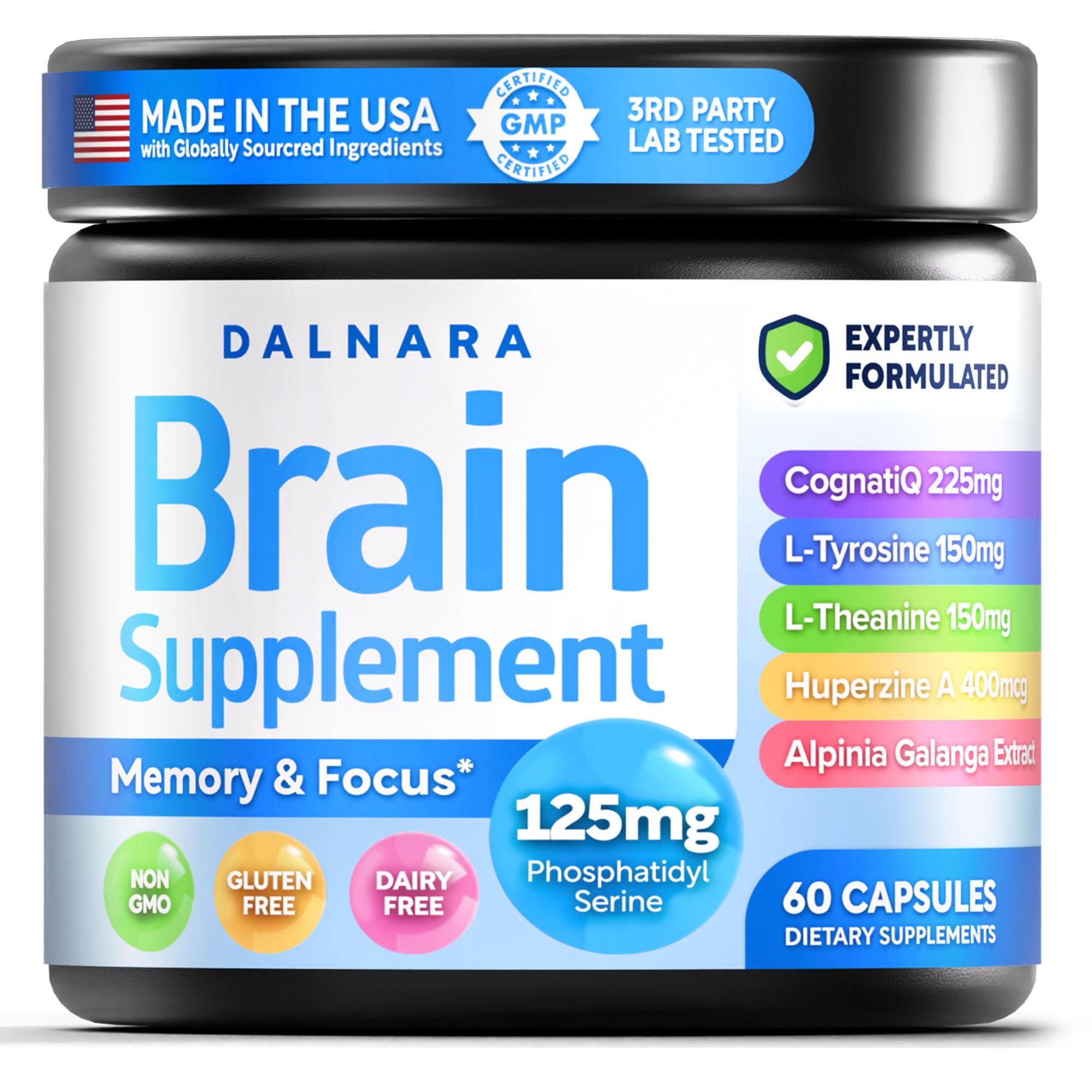 Brain Supplements für Gedächtnis und Fokus für Männer und Frauen - Nootropic mit Alpinia Galanga, CognatiQ, Phosphatidylserin, L-Theanin, L-Tyrosin - Brain Booster Memory Pillen Gehirngesundheit - 60 Kapseln