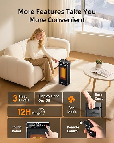 Miniatura 8 de Calentador de espacio, calentadores eléctricos para uso en interiores con termostato, control remoto, temporizador de 1-12 horas, oscilación de 70 y