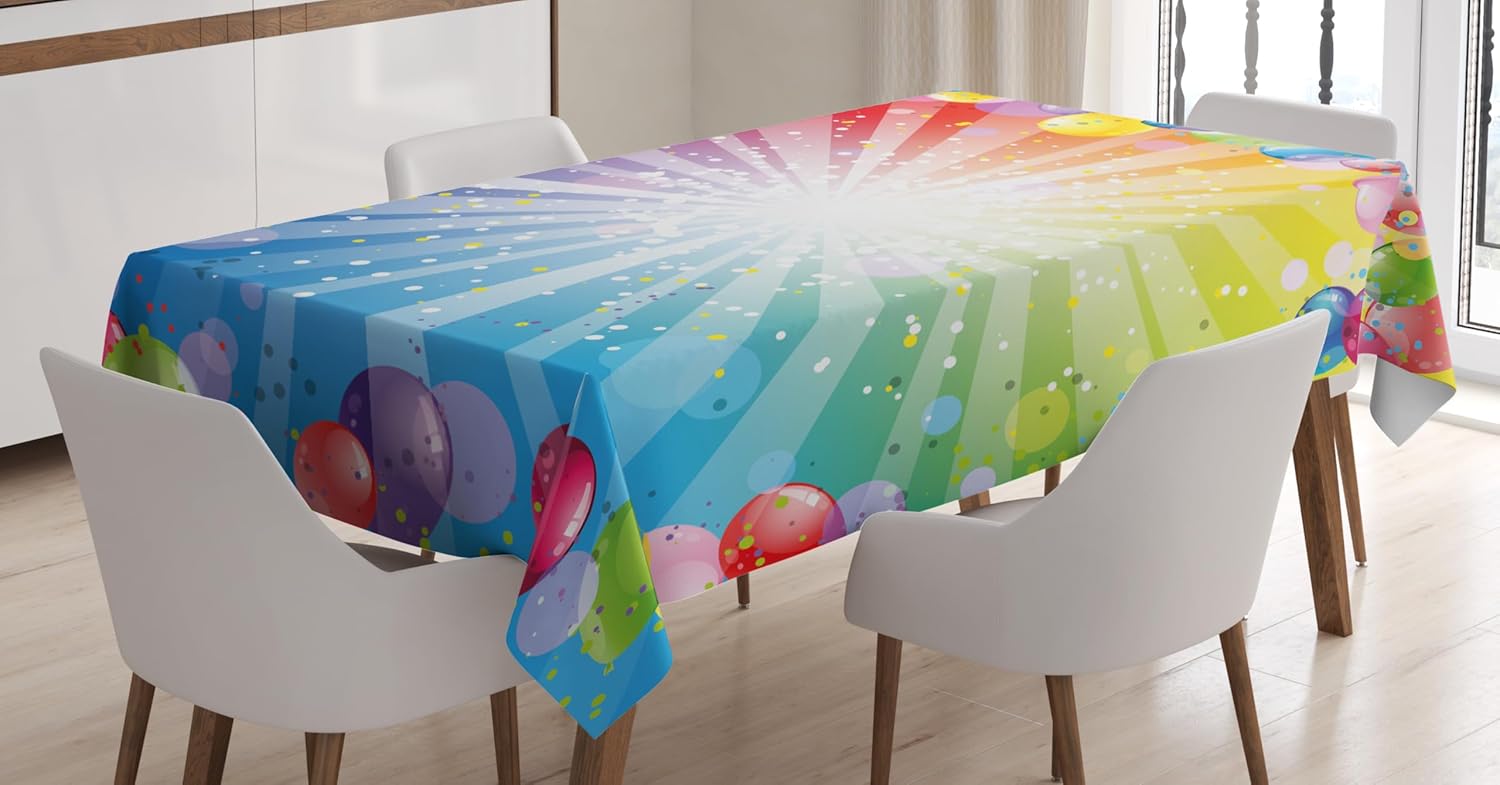 Ambesonne Birthday Tablecloth, Pattern of Striped Backdrop with Balloons Dots Celebration Birthday, Rectangular Table Cover for Dining Room Kitchen Decor, 60" X 90",Blue and Red