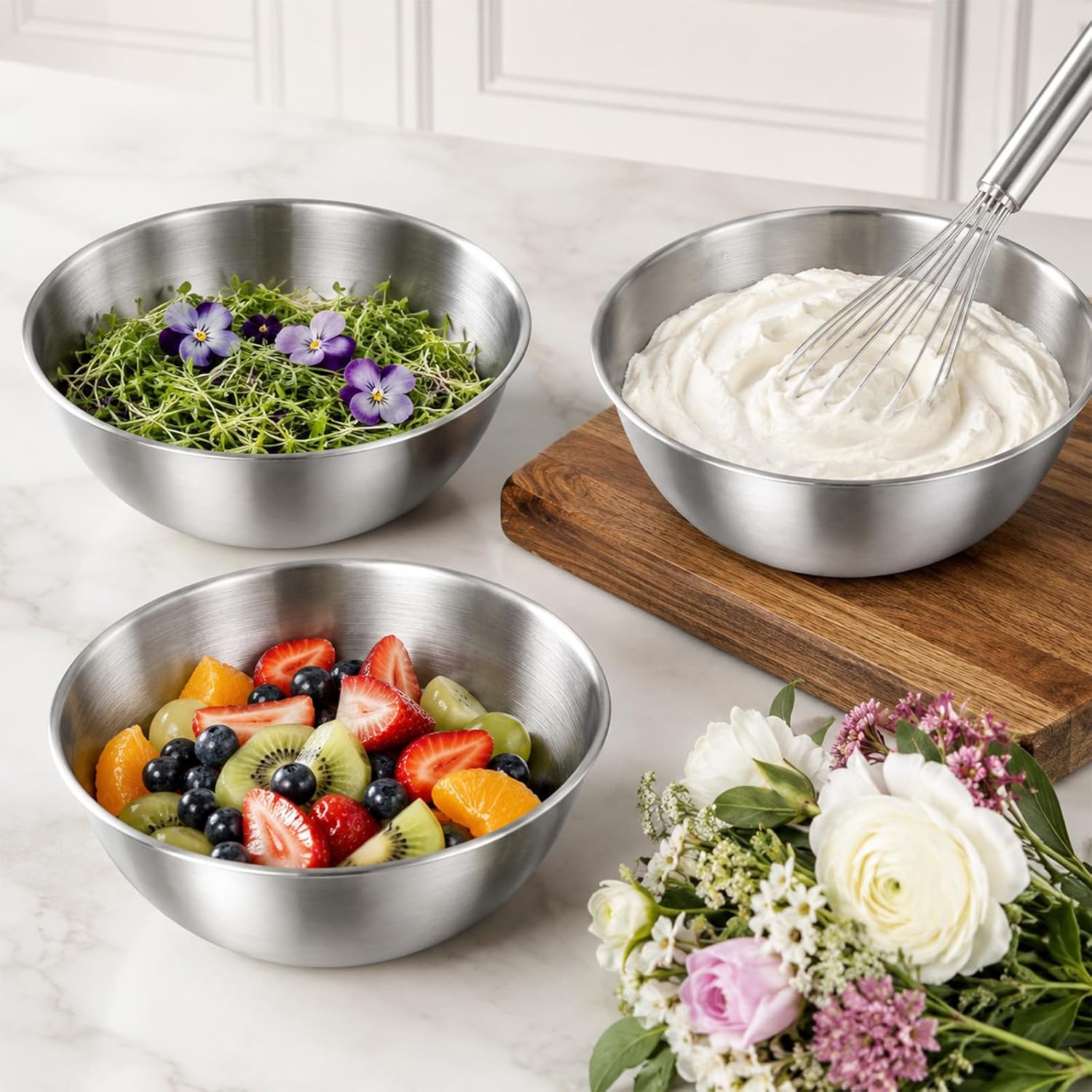 salbsever 3 Pcs Stainless Mixing Bowls, Metal Cooking Bowl | Baking Bowls with Graduations Reusable Food Storage Containers for Baking, Cooking, Making Salads, Soups, Ice Cream, Noodles