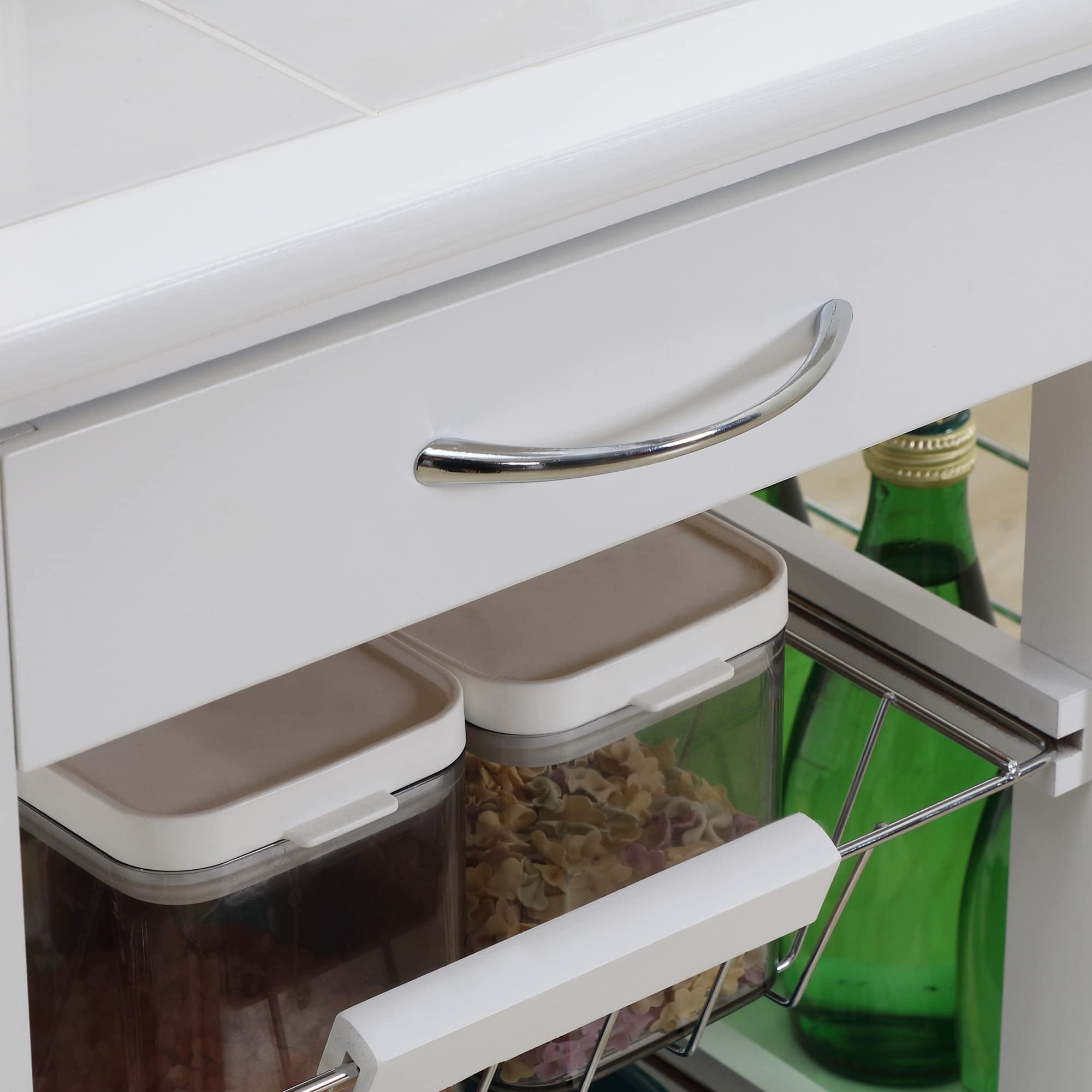 HOMCOM Carrito de Cocina con Ruedas y Encimera Baldosada Carrito Verdulero con Cajón, 4 Cestas Metálicas y 4 Porta Especias Laterales para Comedor 57x37x83 cm Blanco