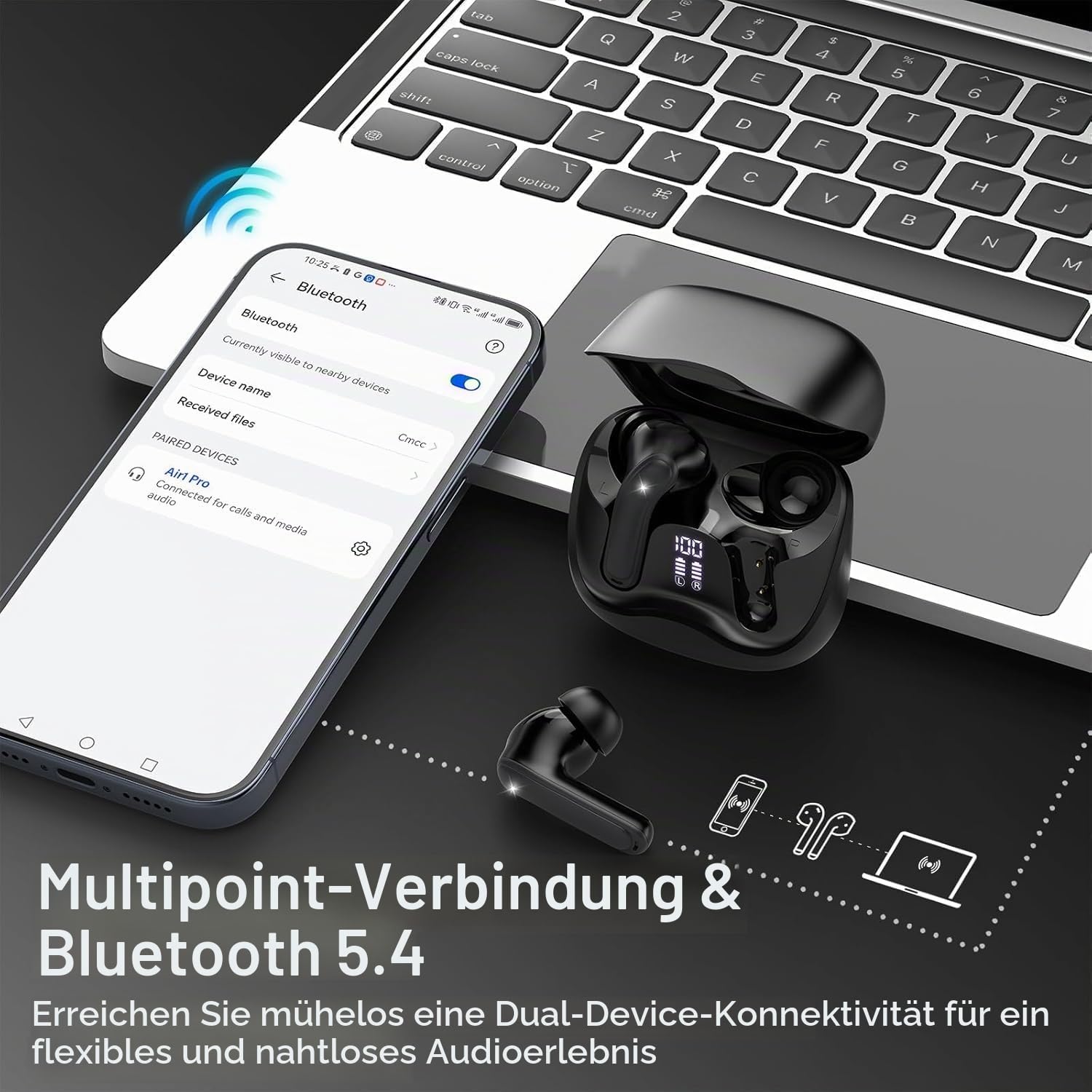 Bluetooth Kopfhörer mit Hybride Aktive Geräuschunterdrückung, In Ear Kopfhörer Kabellos Bluetooth 5.4, 6Mic, 49Std. Wiedergabe, kraftvoller Bass, 8 EQ-Modi, APP-Steuerung, kabelloses Laden, Multipoint