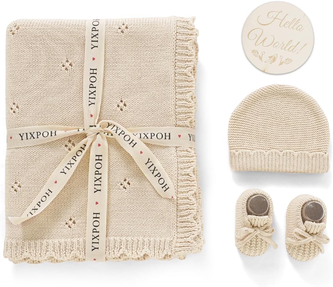 Organic Cotton Baby Blanket Knit Beanie Hat Booties Set Newborn Swaddle Receiving Blanket for Boy Girls with Wooden Hello World Sign