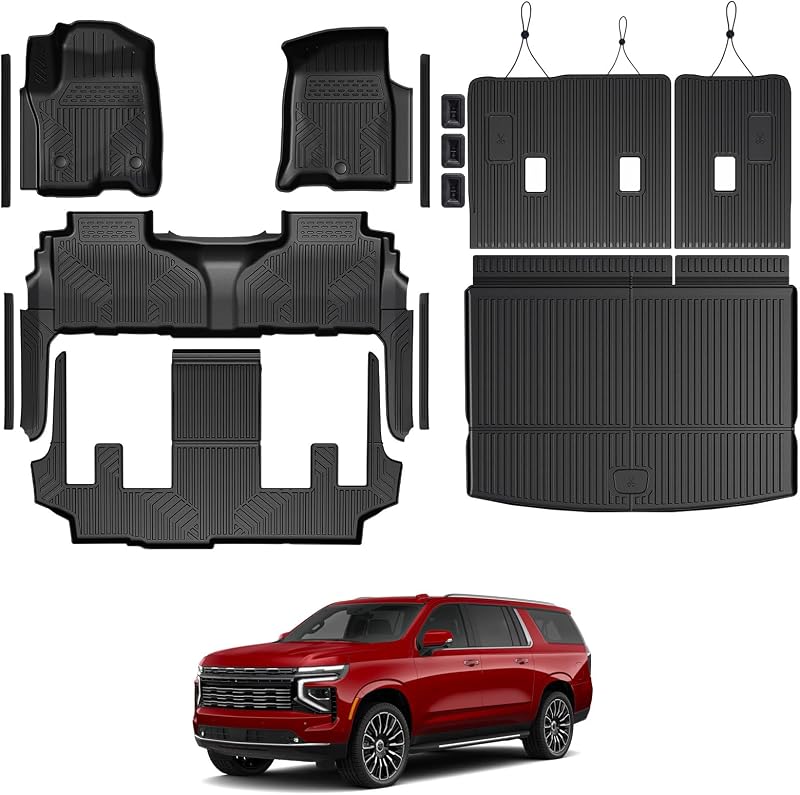 Floor Mats for 2021-2026 Chevy Suburban 7-Seat Accessories | Fit GMC Yukon XL/Cadillac Escalade ESV, Full-Coverage Set with Cargo Liner & Backrest Protector, All-Weather Odorless TPE