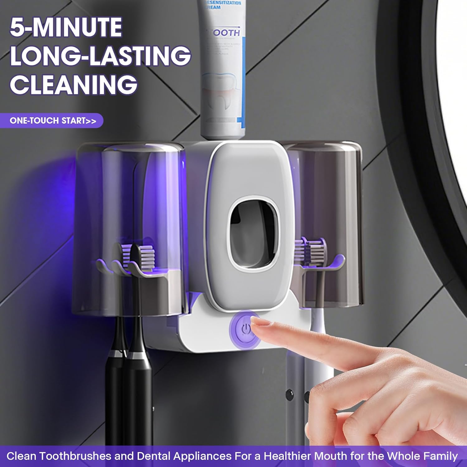 3 in 1 Toothbrush Cleaner Holders,Rechargeable Wall Mounted Toothbrush Holder Toothpaste Dispenser Automatic 2 Cups Tooth Brush Holder for Bathroom, No Drilling, 4 Slots (Grey) - Image 4