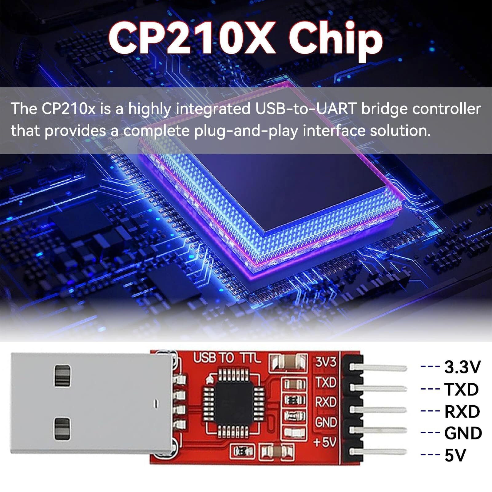 Photo 1 of HJHYUL CP2102 USB to TTL Serial Adapter – USB 2.0 to 5Pin UART Converter Module with 3.3V/5V Output, STC Compatible, Includes Jumper Wires – for Arduino, ESP8266, STM32, DIY Projects (1-Pack)