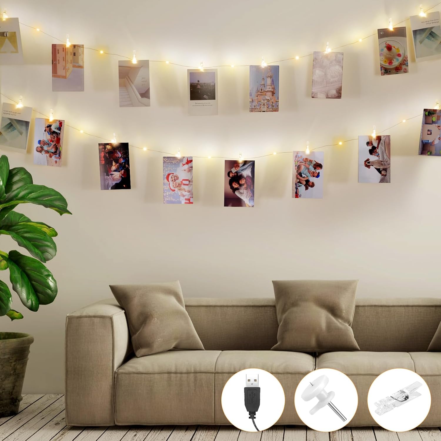 AUAUY LED Photo Clips Fairy Lights, 5 m, 50 LED with 30 Clips for Photos, USB Powered for Living Room, Christmas, Weddings, Party (Warm White) Usb-5 Meters