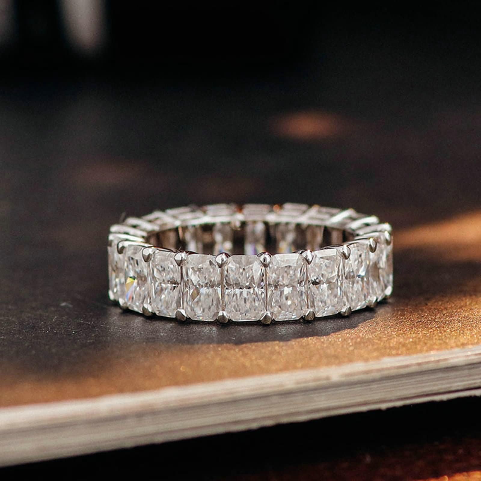 Anelli Fidanzamento Donna, Anello Nuziale Oro Bianco 14K Eternità Fila di Lusso con Moissanite Rettangolare Anelli Matrimonio Donna Oro Bianco per Promessa