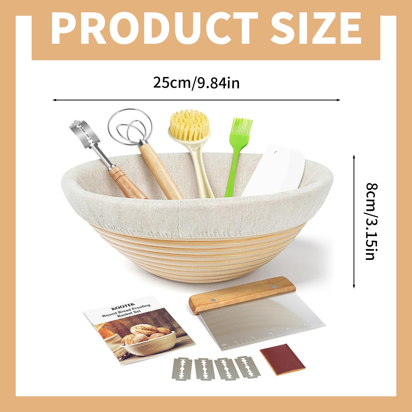 Banneton Bread Proofing Basket, Bread Baking Supplies, Round 9 Inch Starter Kit, Proofing Basket for Bread Baking, Breads Making Supplies Tools, Banneton Basket Gift Set