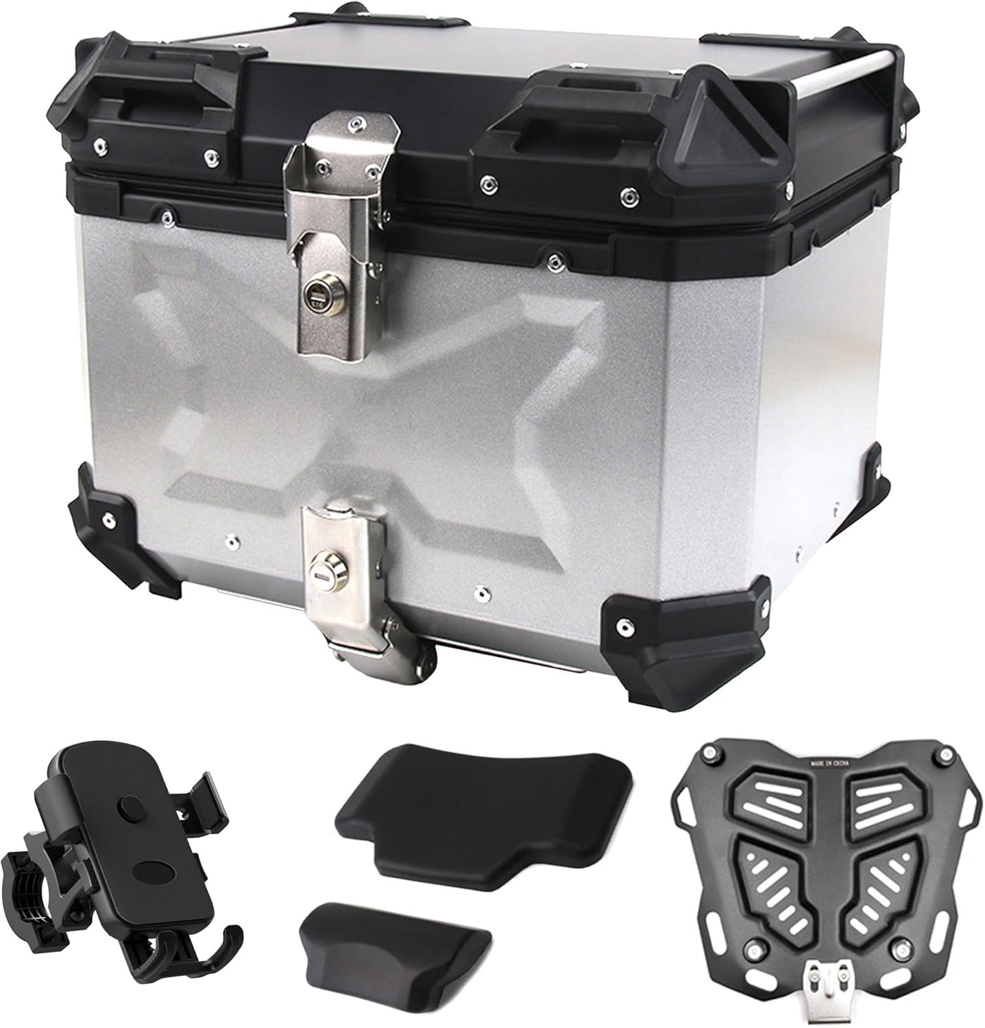 45L Motorcycle Top Case, Aluminum Alloy Universal Motorcycle Tail Box with Backrest ＆ Phone Mount Holder, Dual-key Storage Luggage Trunk (Silver, 45L)